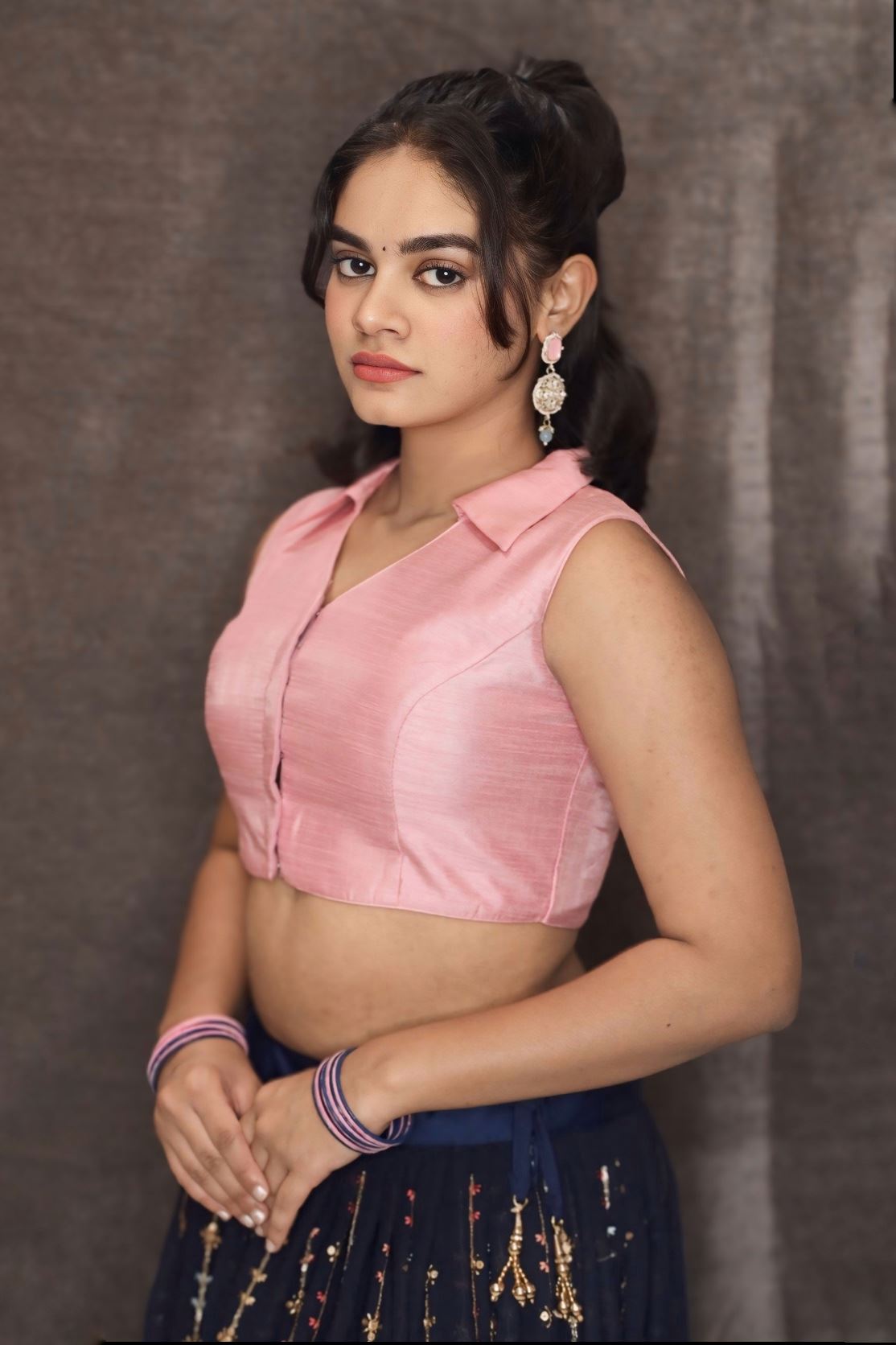 Baby Pink Art Silk  Sleeveless Collared Blouse