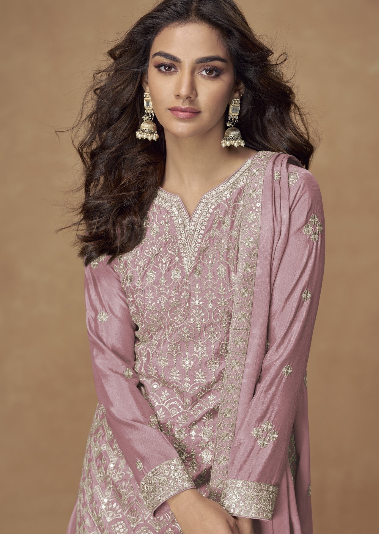 Baby Pink Chinon Silk Salwar Suit With Zari Sequin Embroidery