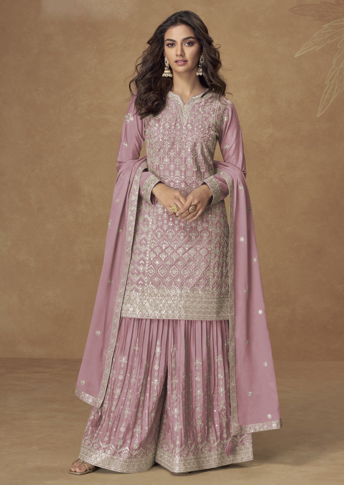 Baby Pink Chinon Silk Salwar Suit With Zari Sequin Embroidery