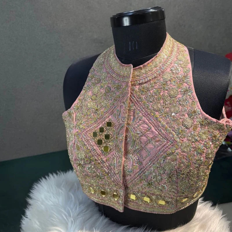 Baby Pink Designer Roman Silk Halter Neck Blouse with Real Mirror Work