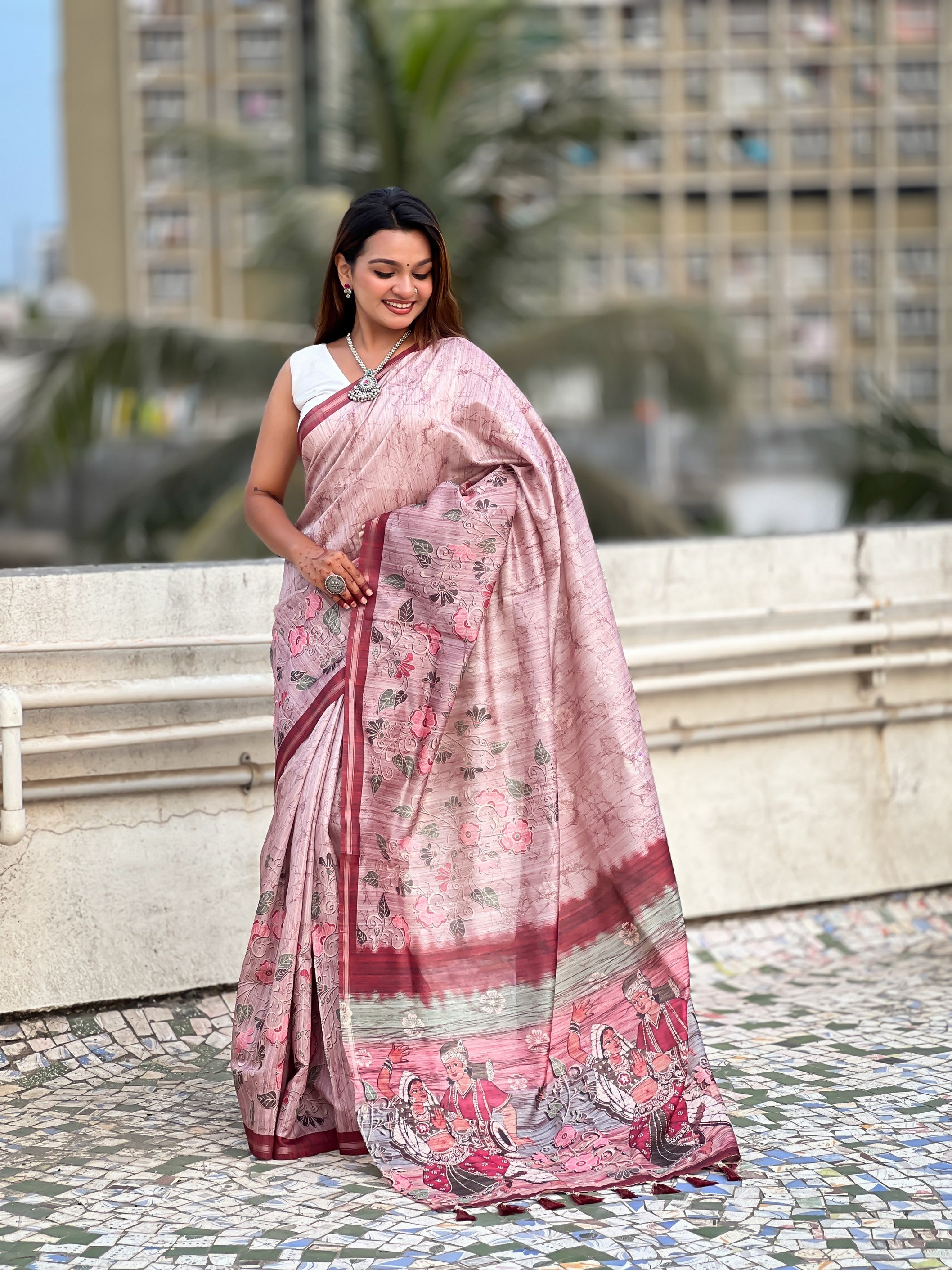 Baby Pink Ethnic Katki Silk Woven Designer And Floral Printed Saree