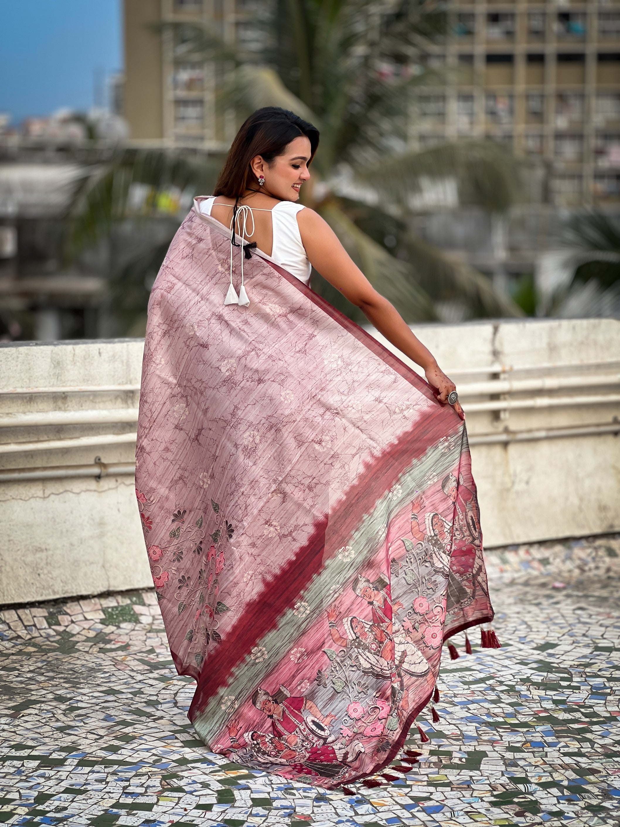 Baby Pink Ethnic Katki Silk Woven Designer And Floral Printed Saree