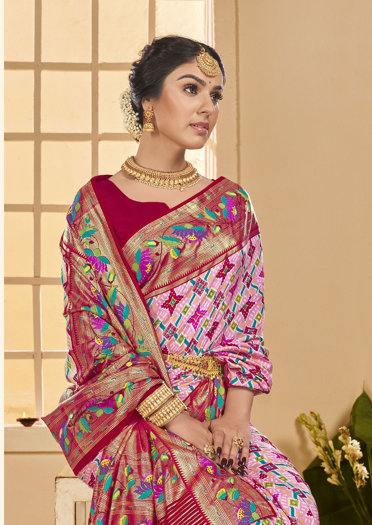 Baby Pink Ethnic Woven Border Designer With Ikkat Printed Cotton Silk Saree