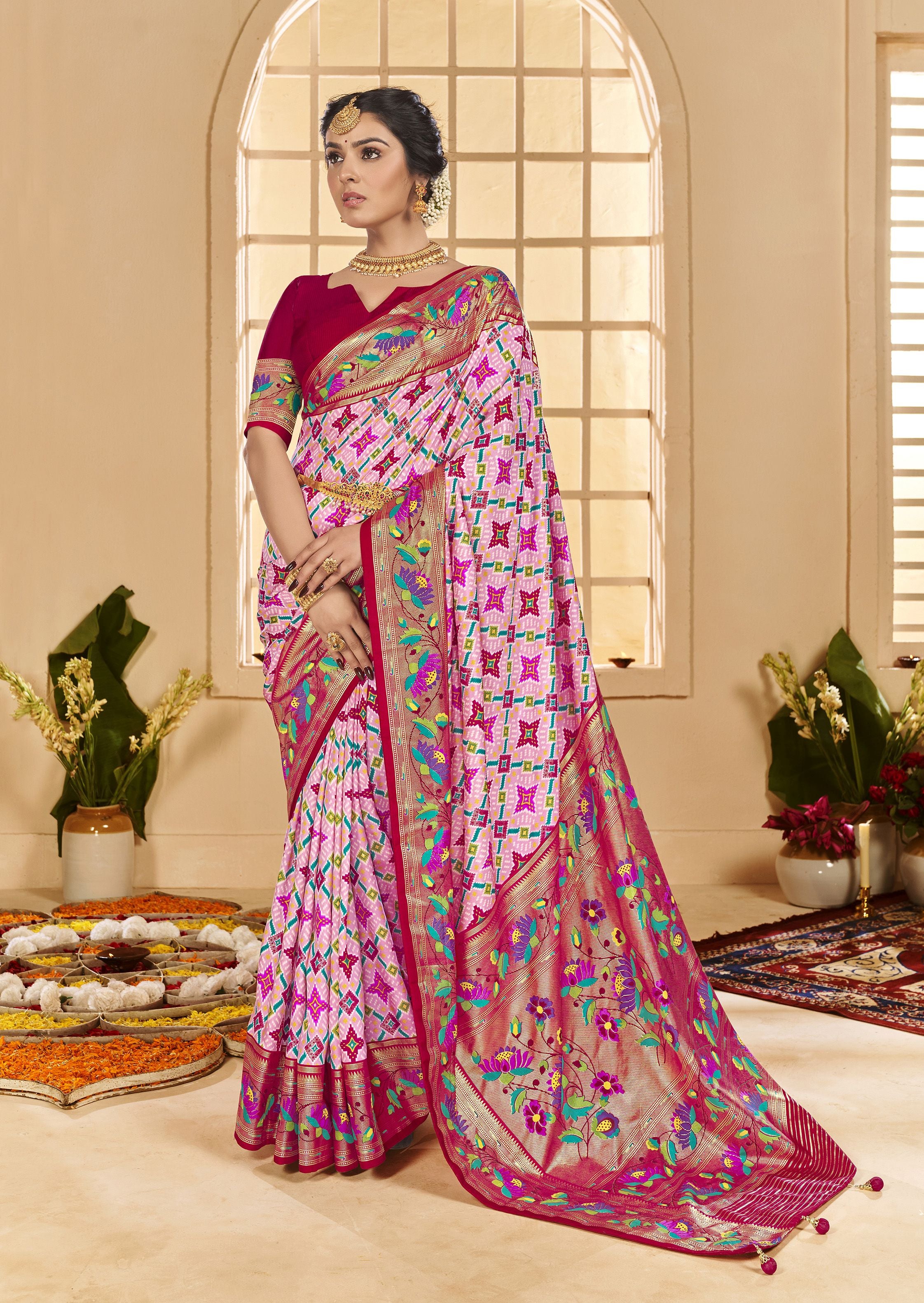 Baby Pink Ethnic Woven Border Designer With Ikkat Printed Cotton Silk Saree