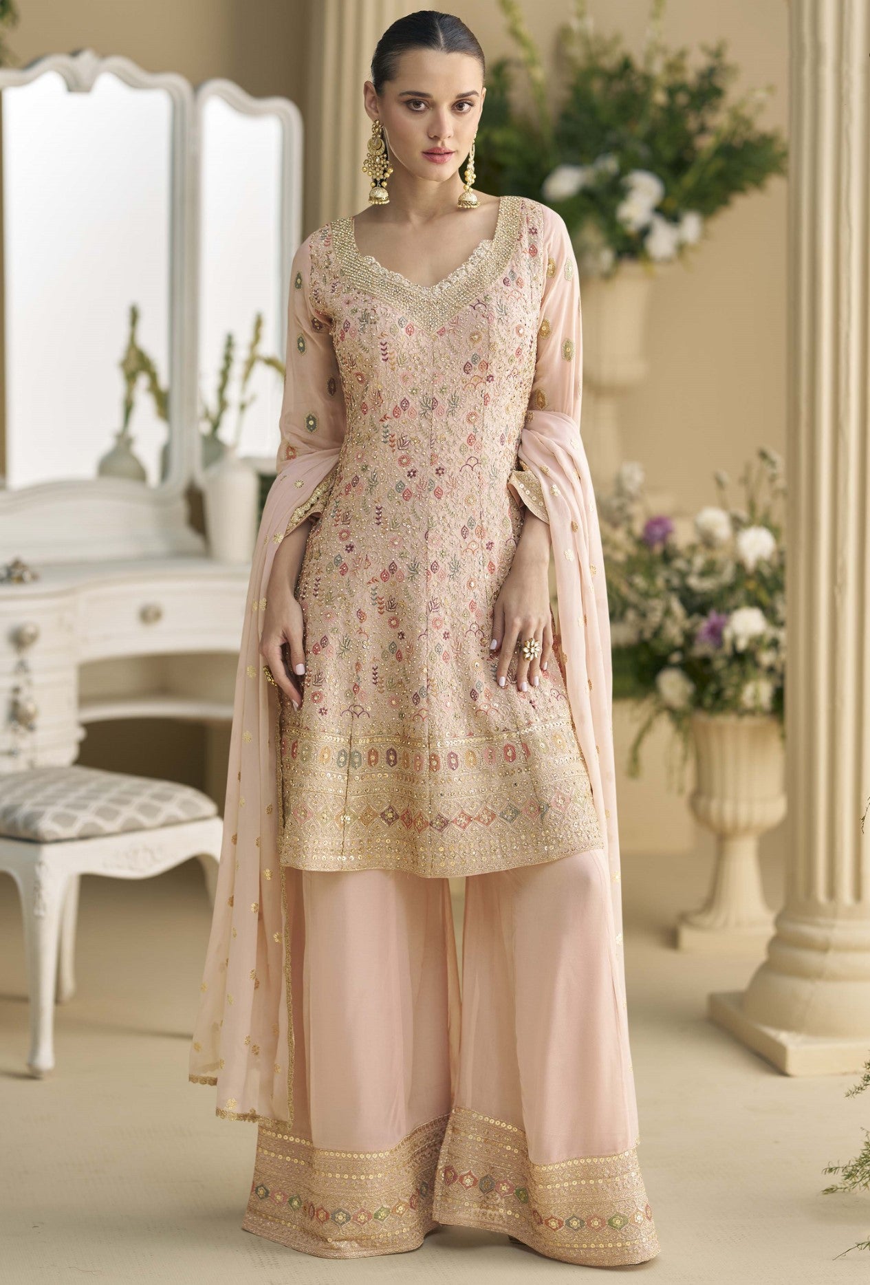 Baby Pink Georgette Palazzo Suit With Seroski Work