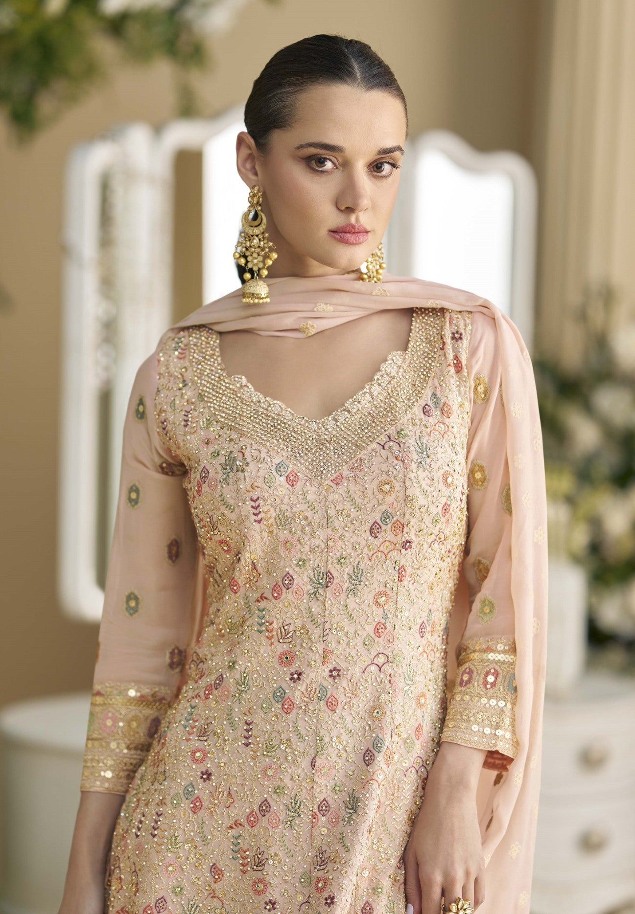 Baby Pink Georgette Palazzo Suit With Seroski Work