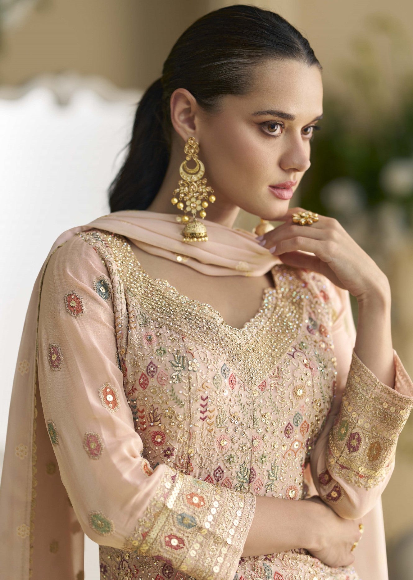 Baby Pink Georgette Palazzo Suit With Seroski Work