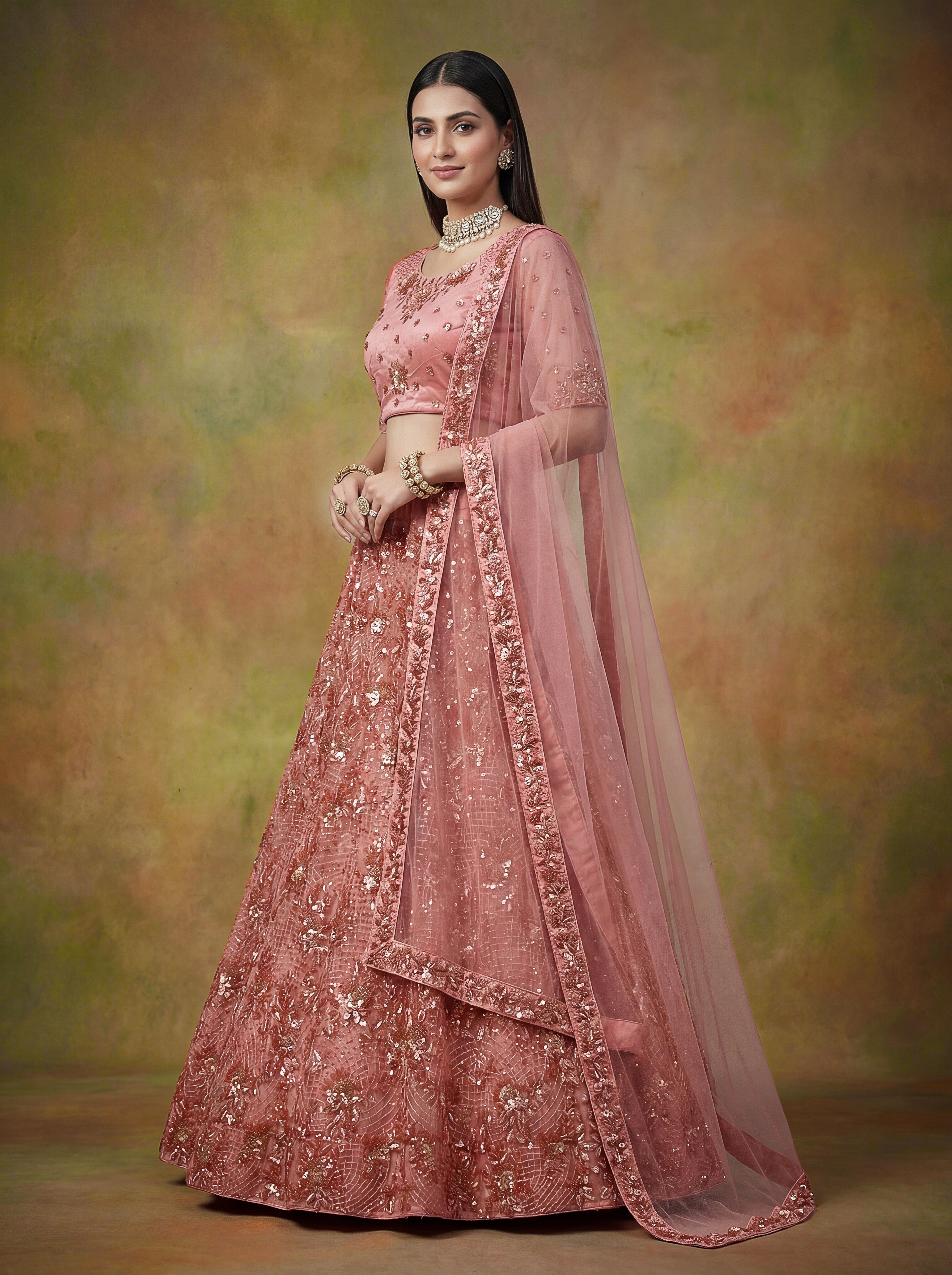 Baby Pink Net Lehenga Choli With Fancy Multi Heavy Thread Embroidery With Sequins Work