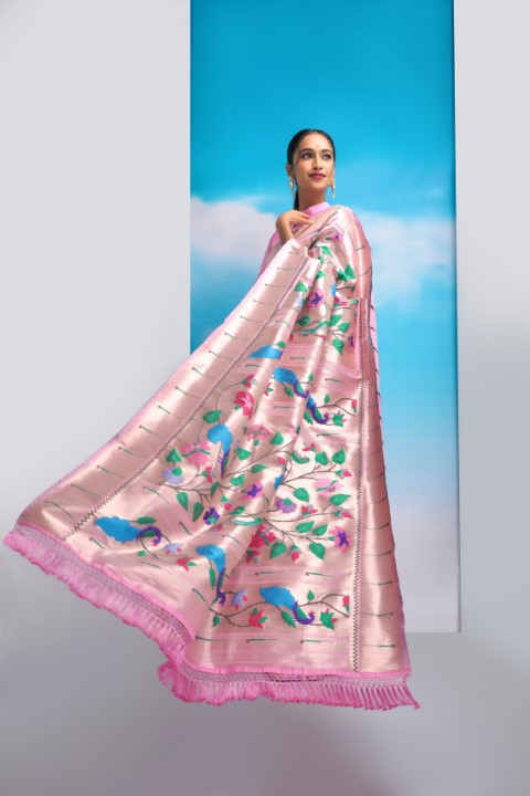 Baby Pink Paithani Silk Saree with All Over Zari Weaves