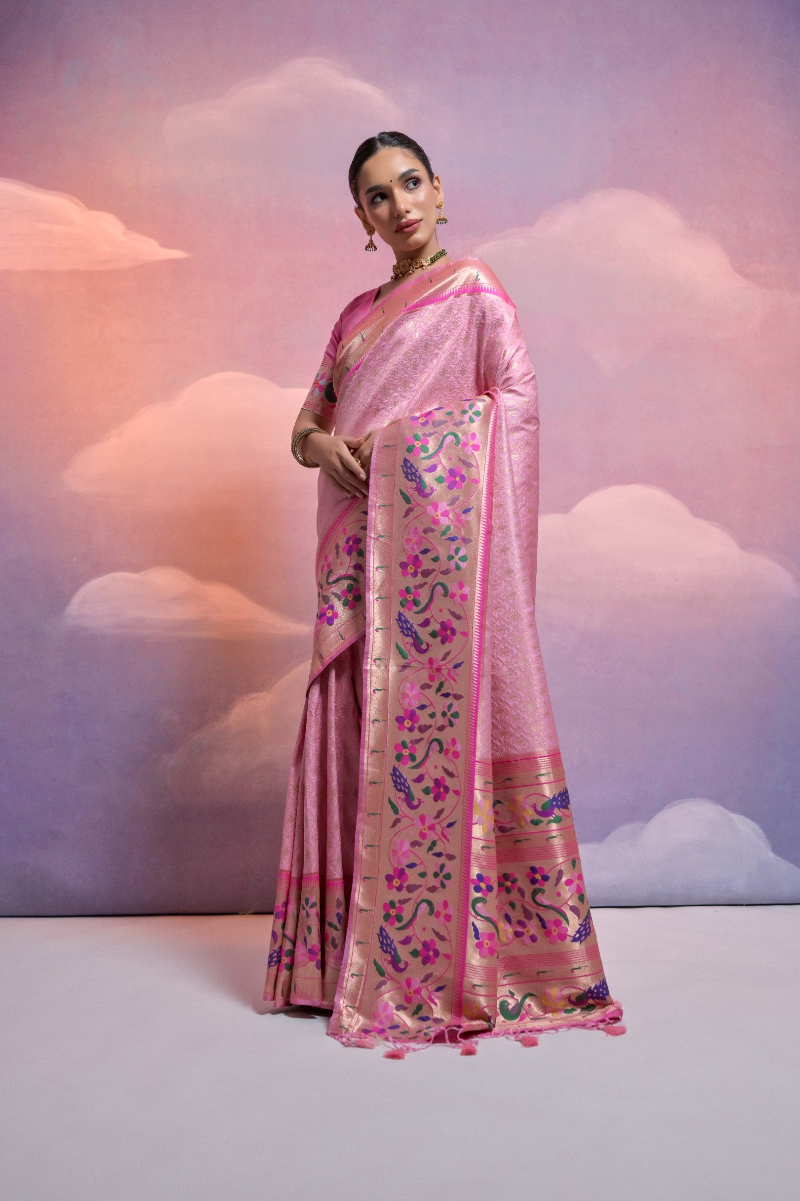 Baby Pink Paithani Silk Saree with Meenakari Border and Zari Weaves