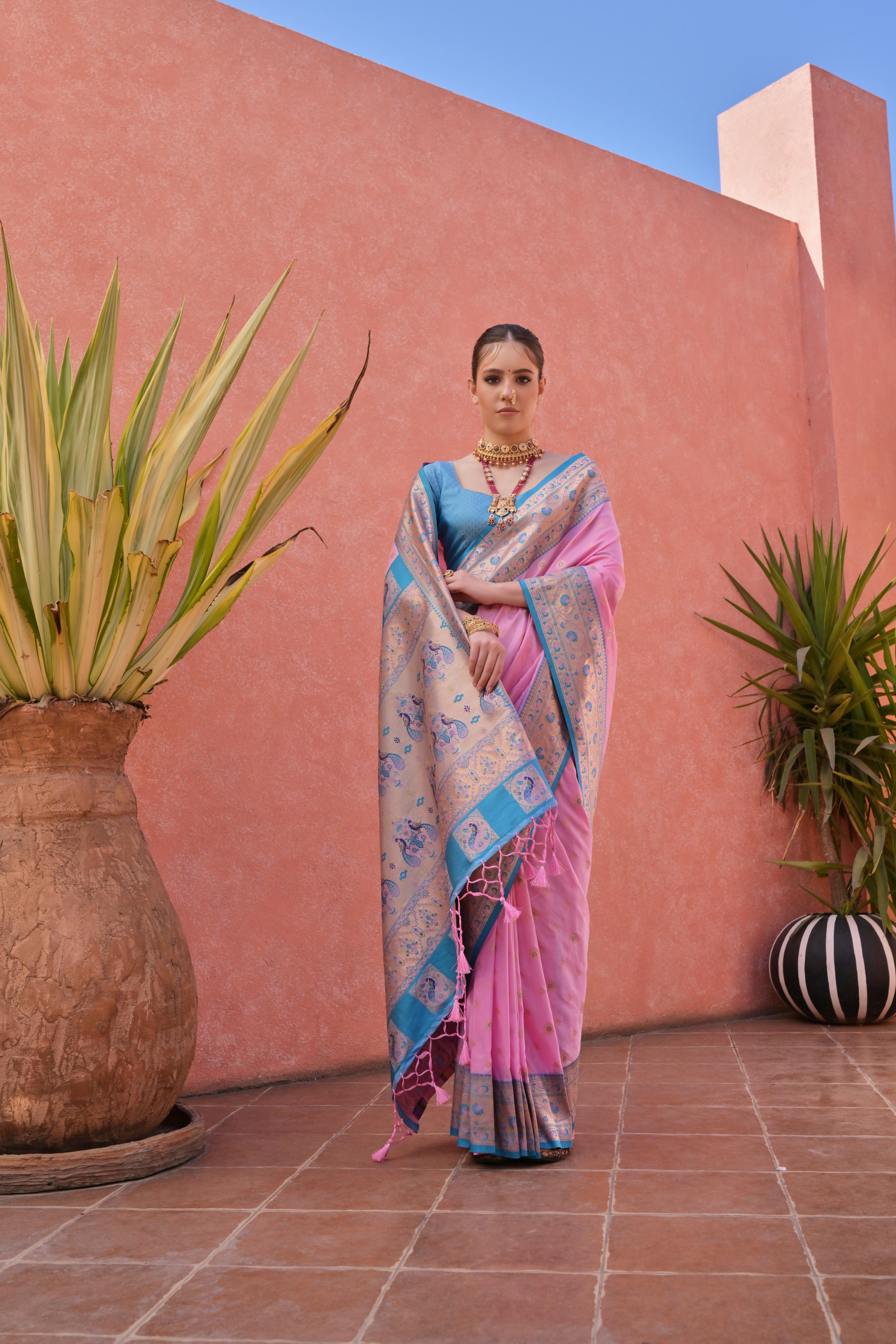 Baby Pink Paithani Silk Saree with Paithani Pallu and Zari Butti