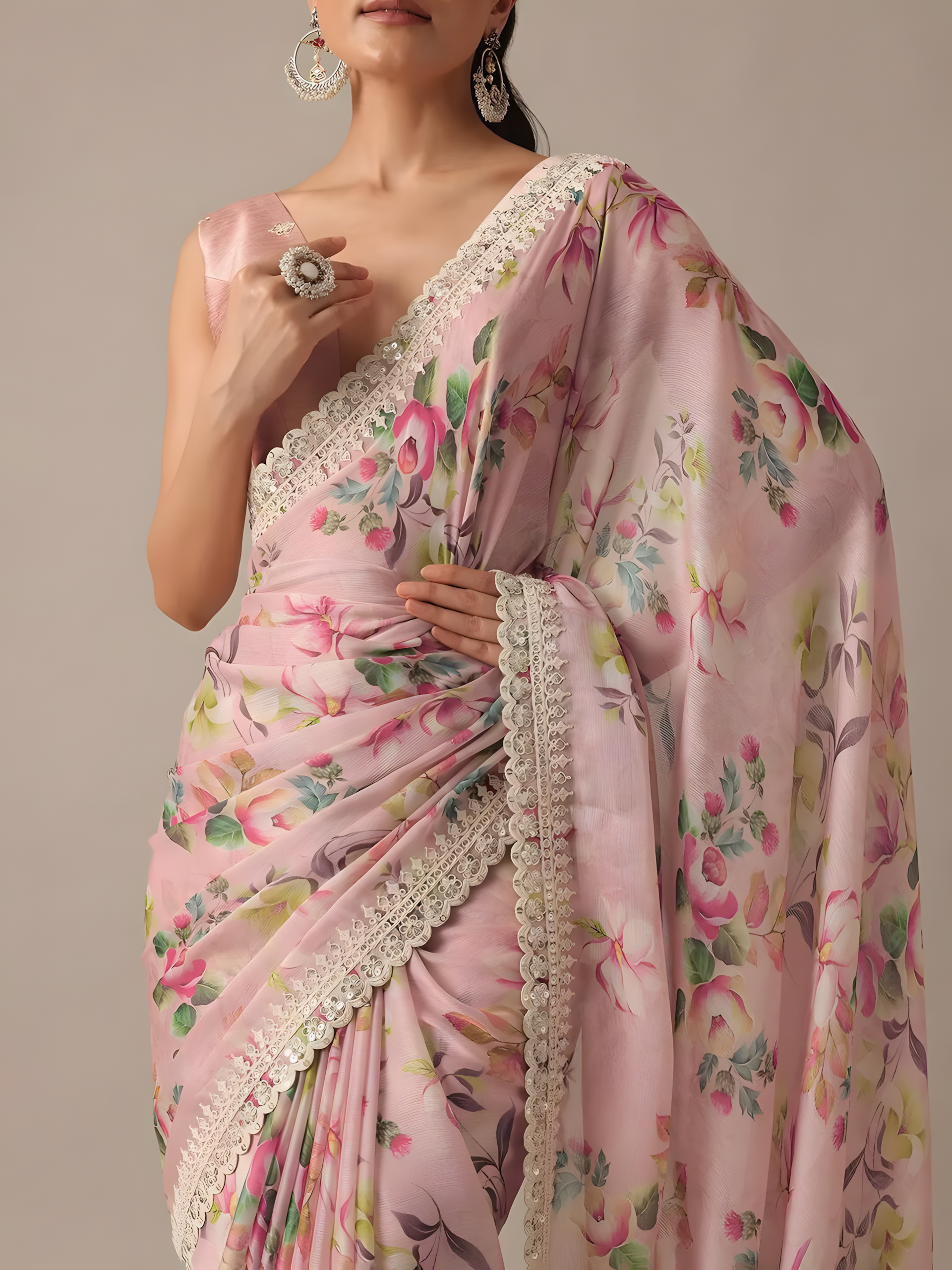 Baby Pink Pure Soft Georgette chiffon  Saree with Digital Print