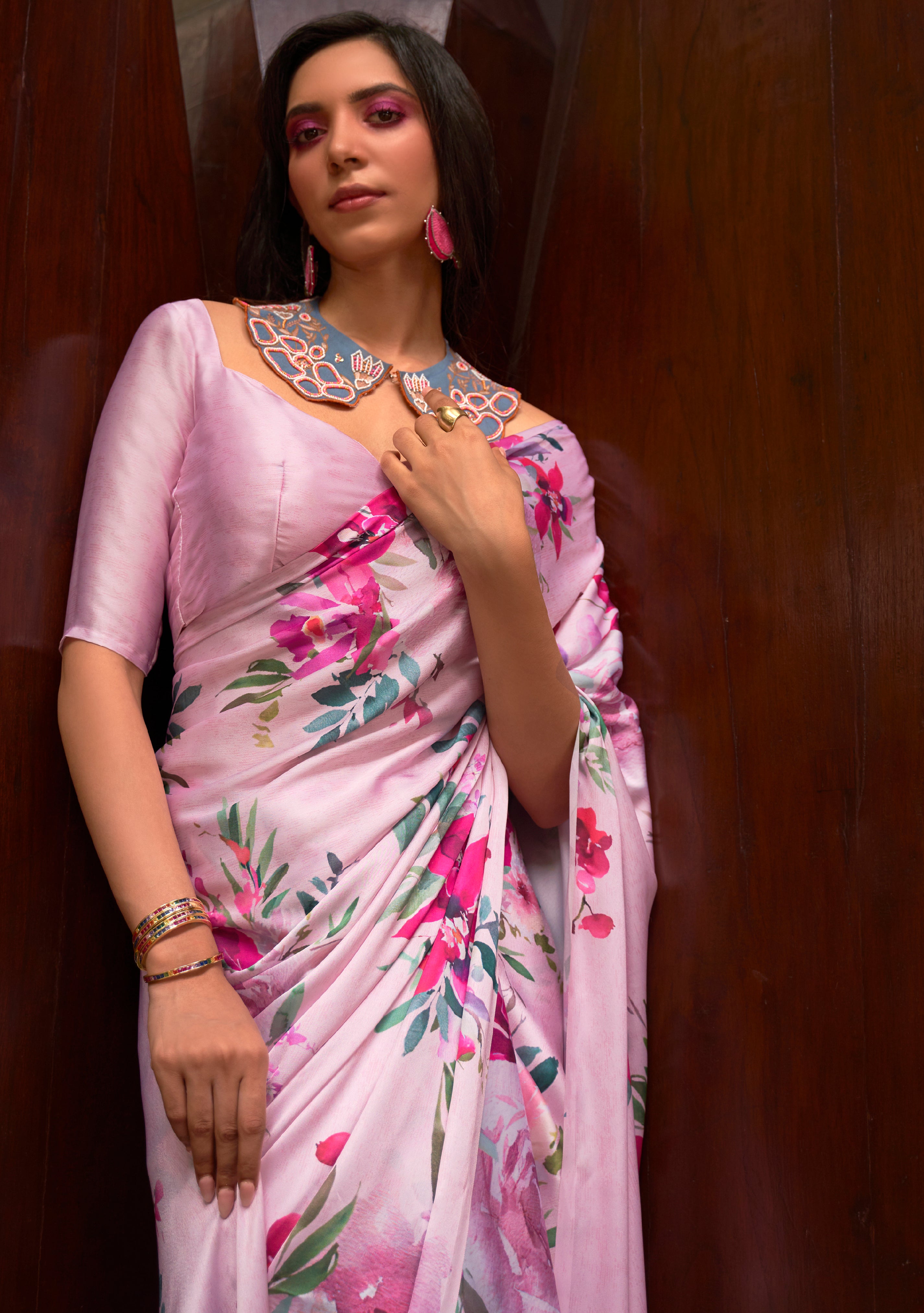 Baby Pink Satin Crepe  Saree With Digital Printed Work