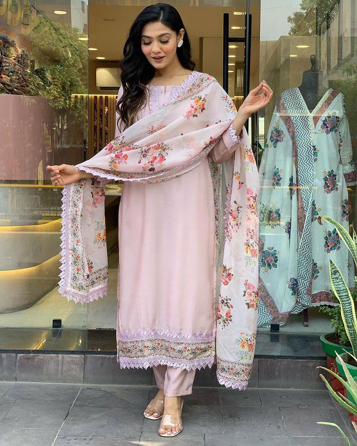 Baby Pink Viscose Chanderi Kurta Pant With Embroidery Work And Printed Dupatta