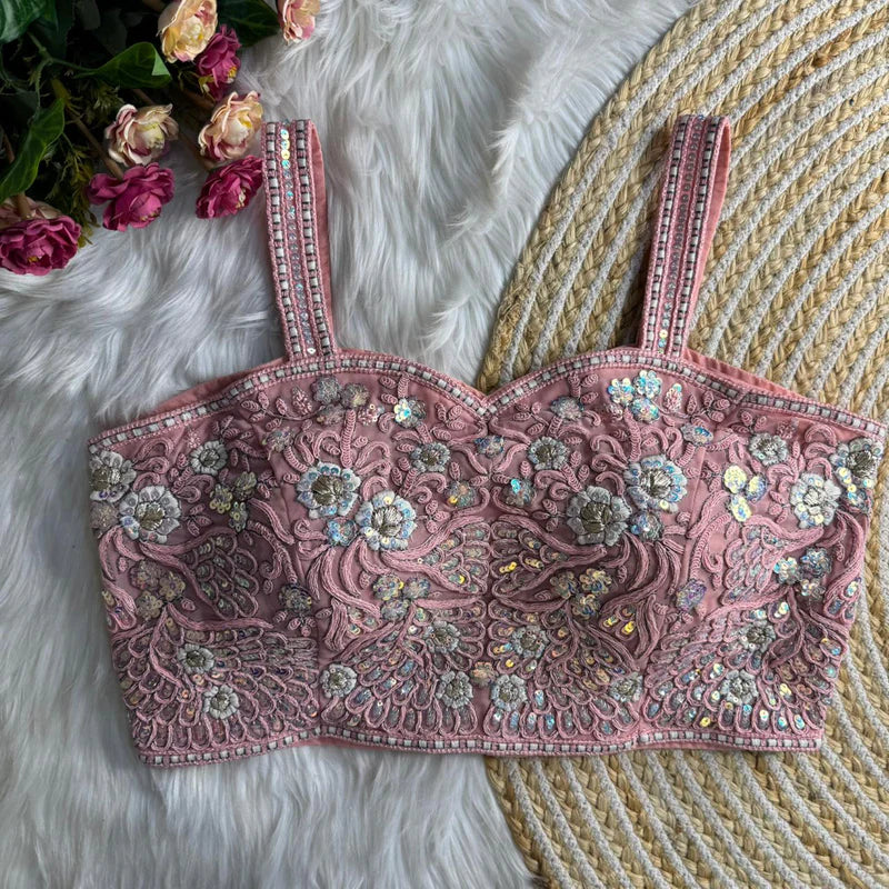 Baby Pink Womens Spaghetti Western Designer Blouse  Fox Georgette Embroidered & Sequins Partywear