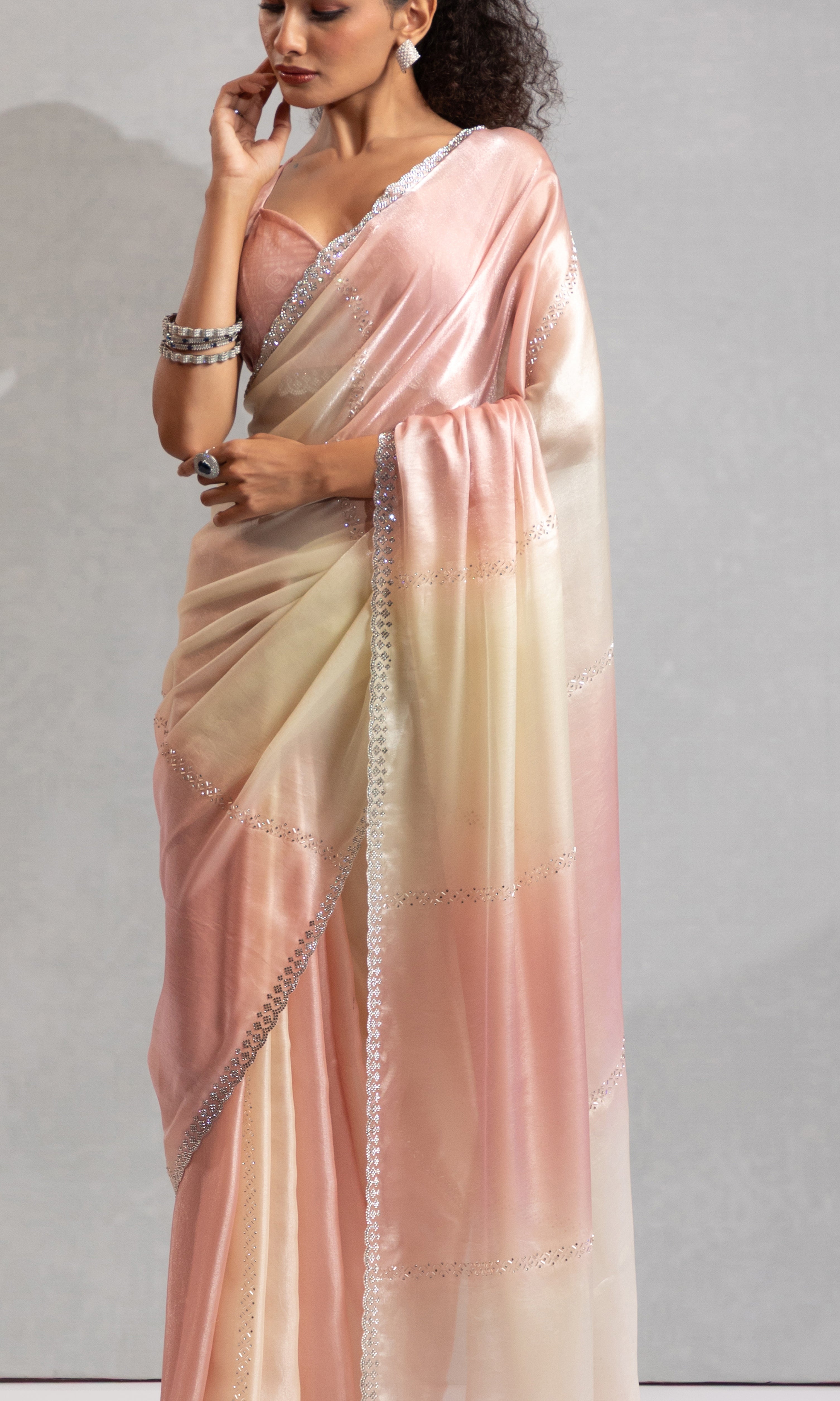 Baby Pink and Cream Satin Saree with Hand Work and Beaded Border