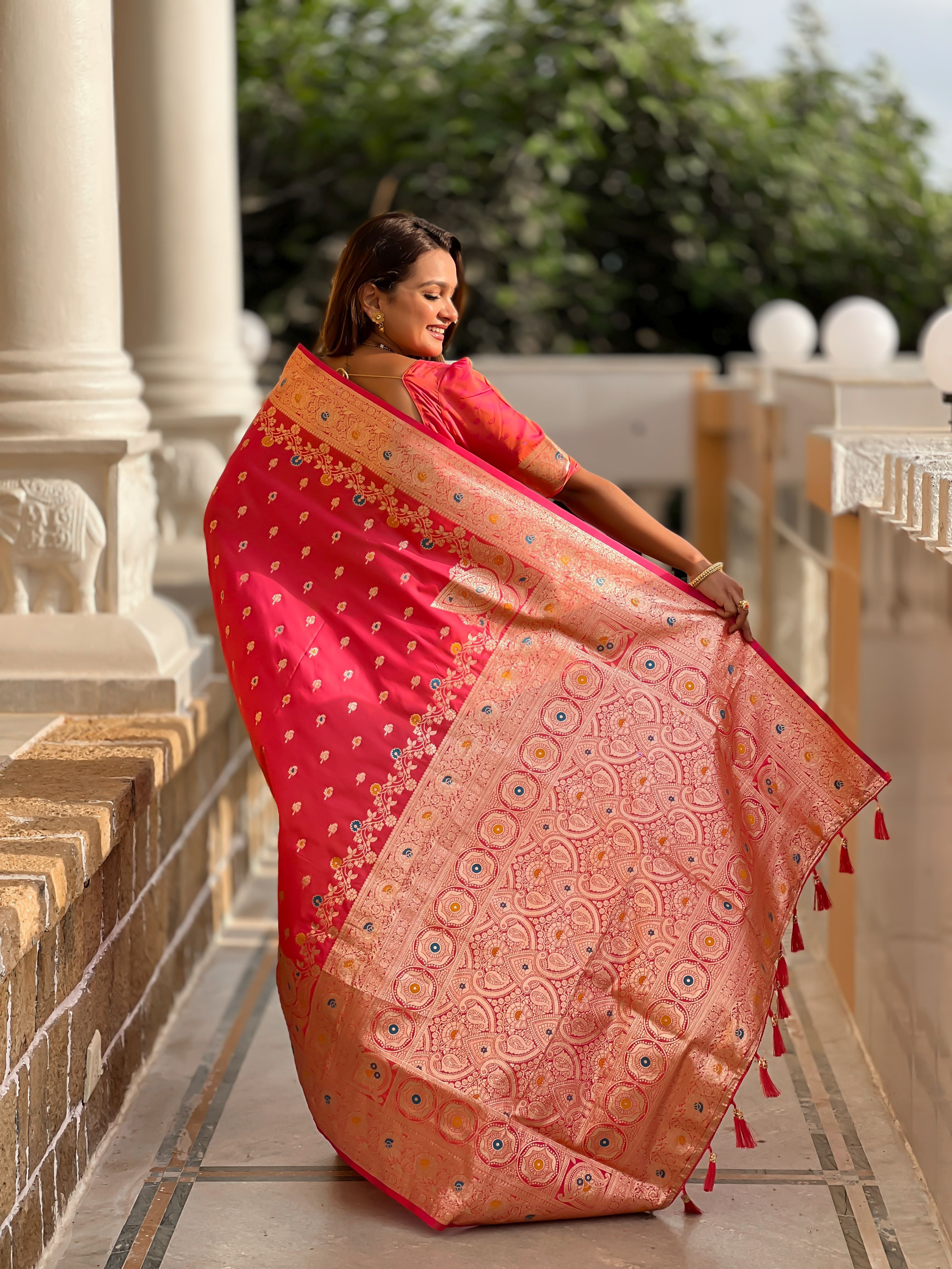 Banarasi Silk Woven Meenakari Designer Gajri Sophisticated Ethnic Ceremonial Saree