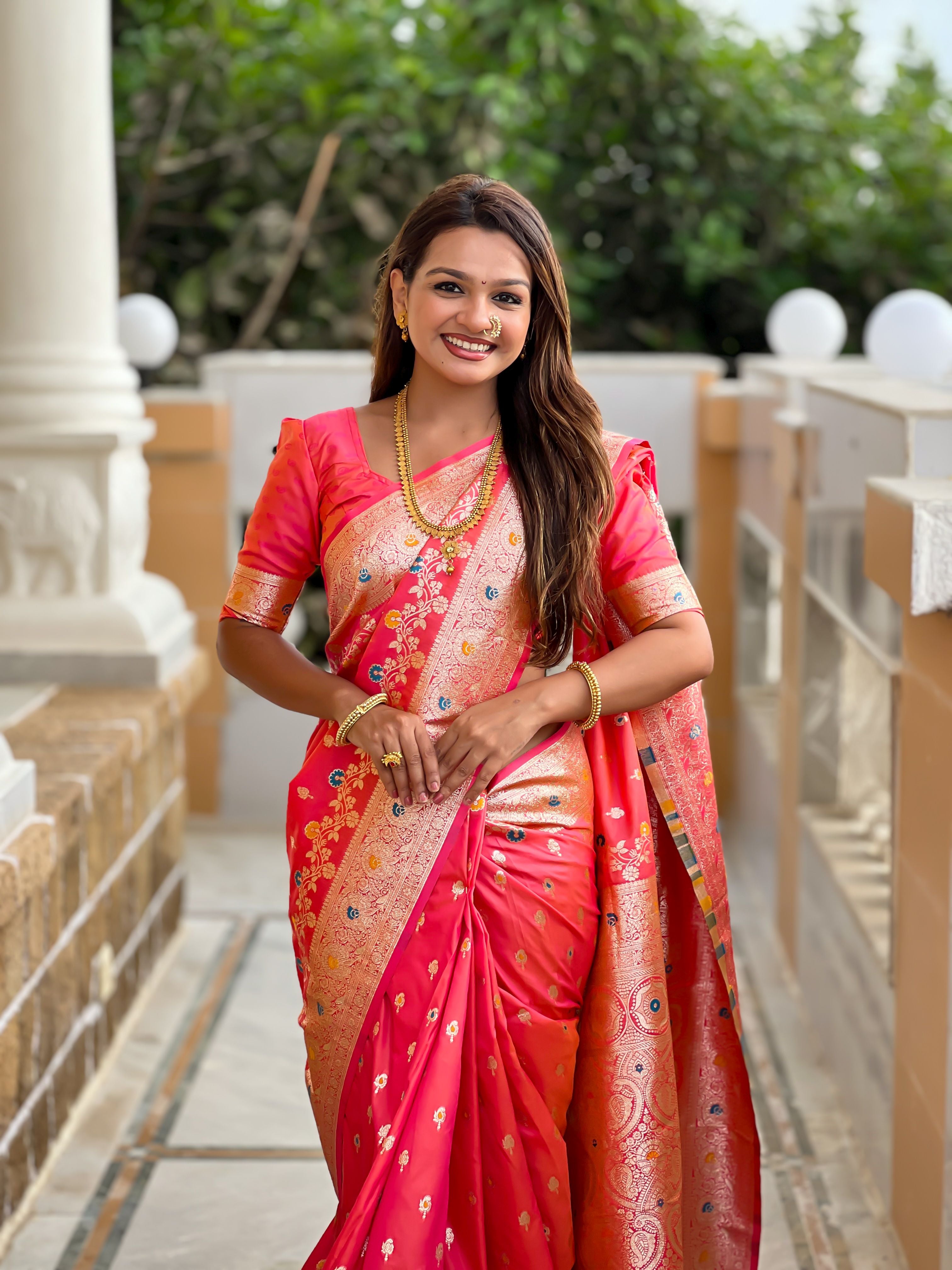 Banarasi Silk Woven Meenakari Designer Gajri Sophisticated Ethnic Ceremonial Saree