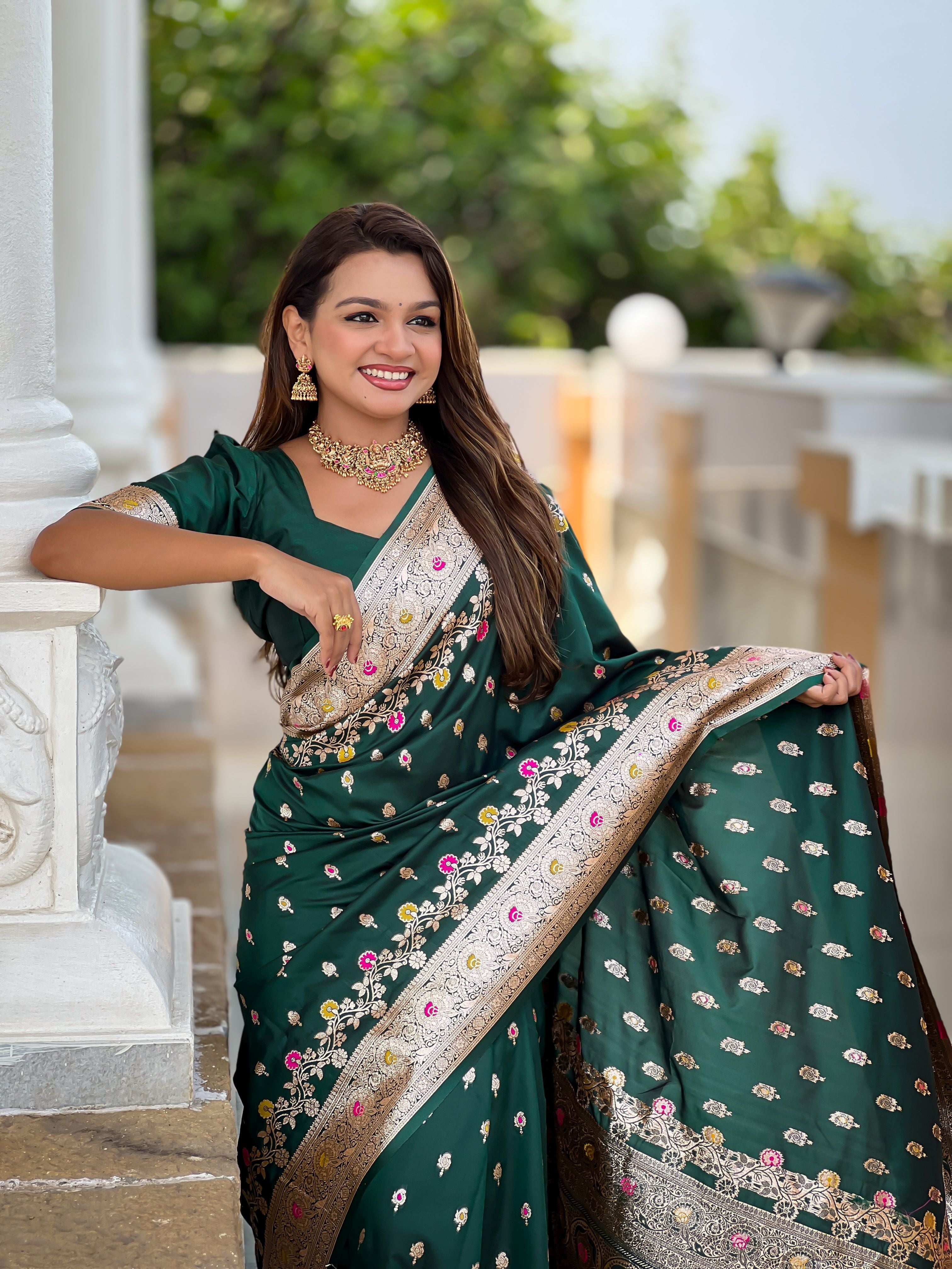 Banarasi Silk Woven Meenakari Designer Green Sophisticated Ethnic Ceremonial Saree