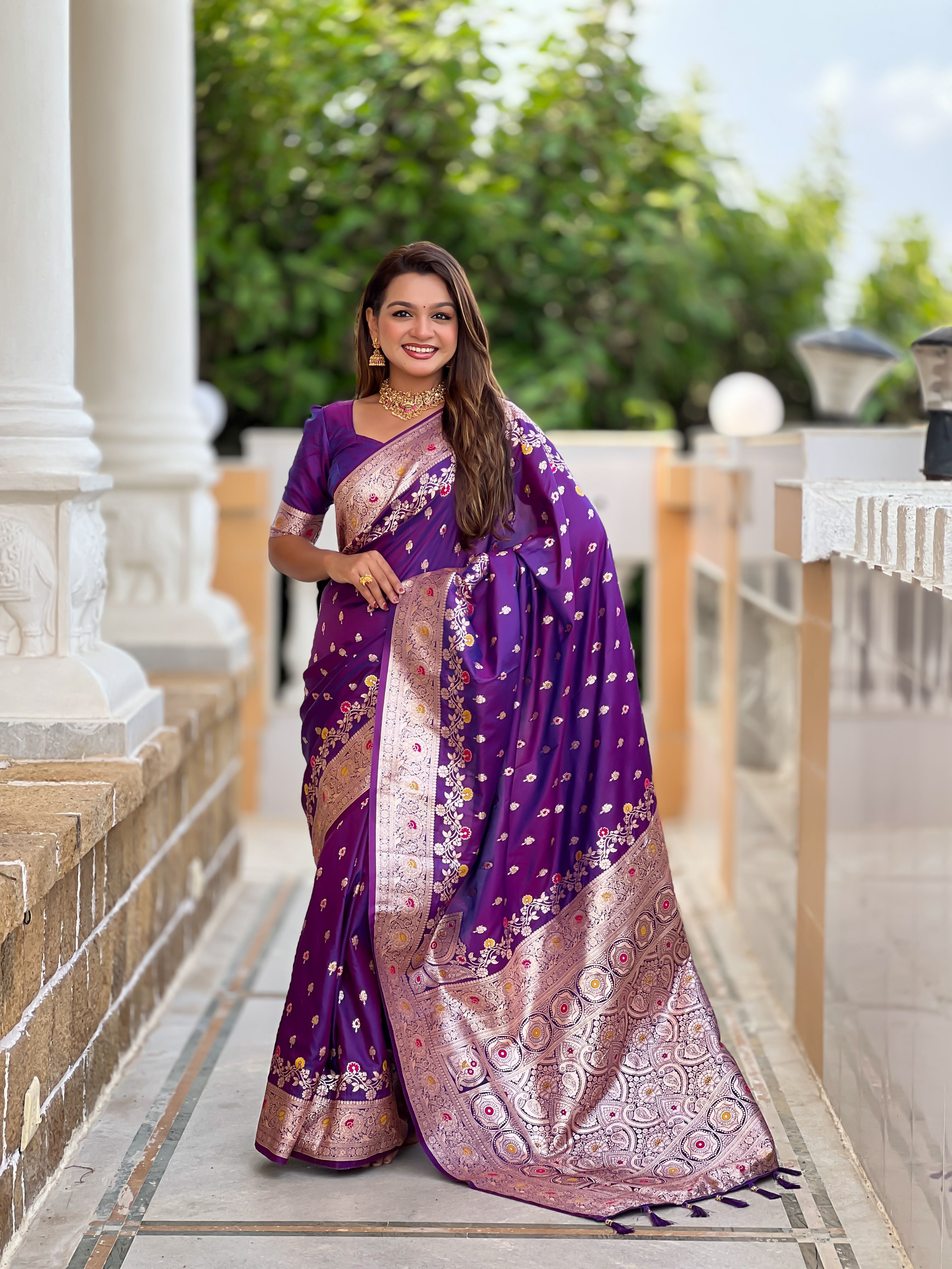 Banarasi Silk Woven Meenakari Designer Purple Sophisticated Ethnic Ceremonial Saree