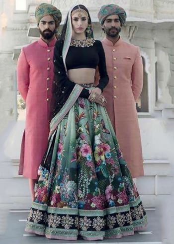Beautiful Blue Floral Printed Silk Wedding Lehenga Choli with Dupatta