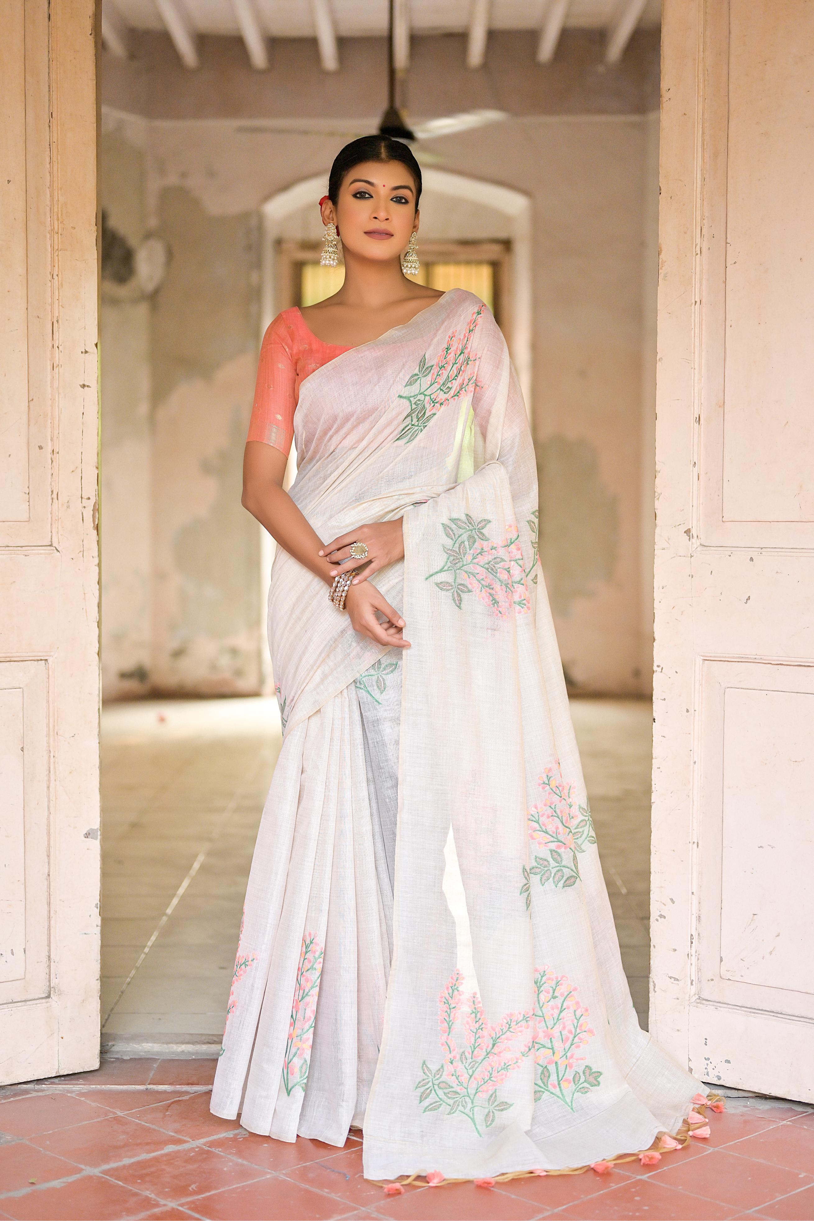 Beautiful Floral Weaving Designer Off White Muga Cotton Rich Looks Saree