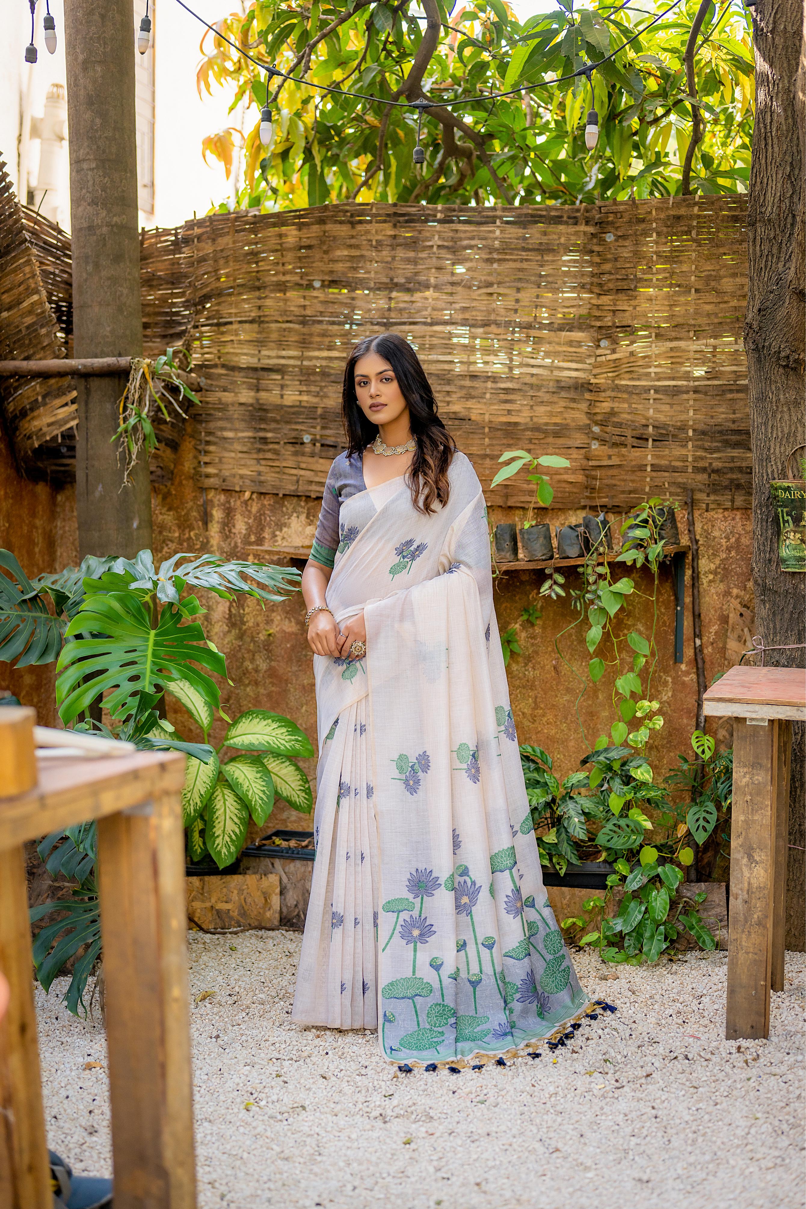 Beautiful Floral Weaving Designer Off White Muga Cotton Rich Looks Saree