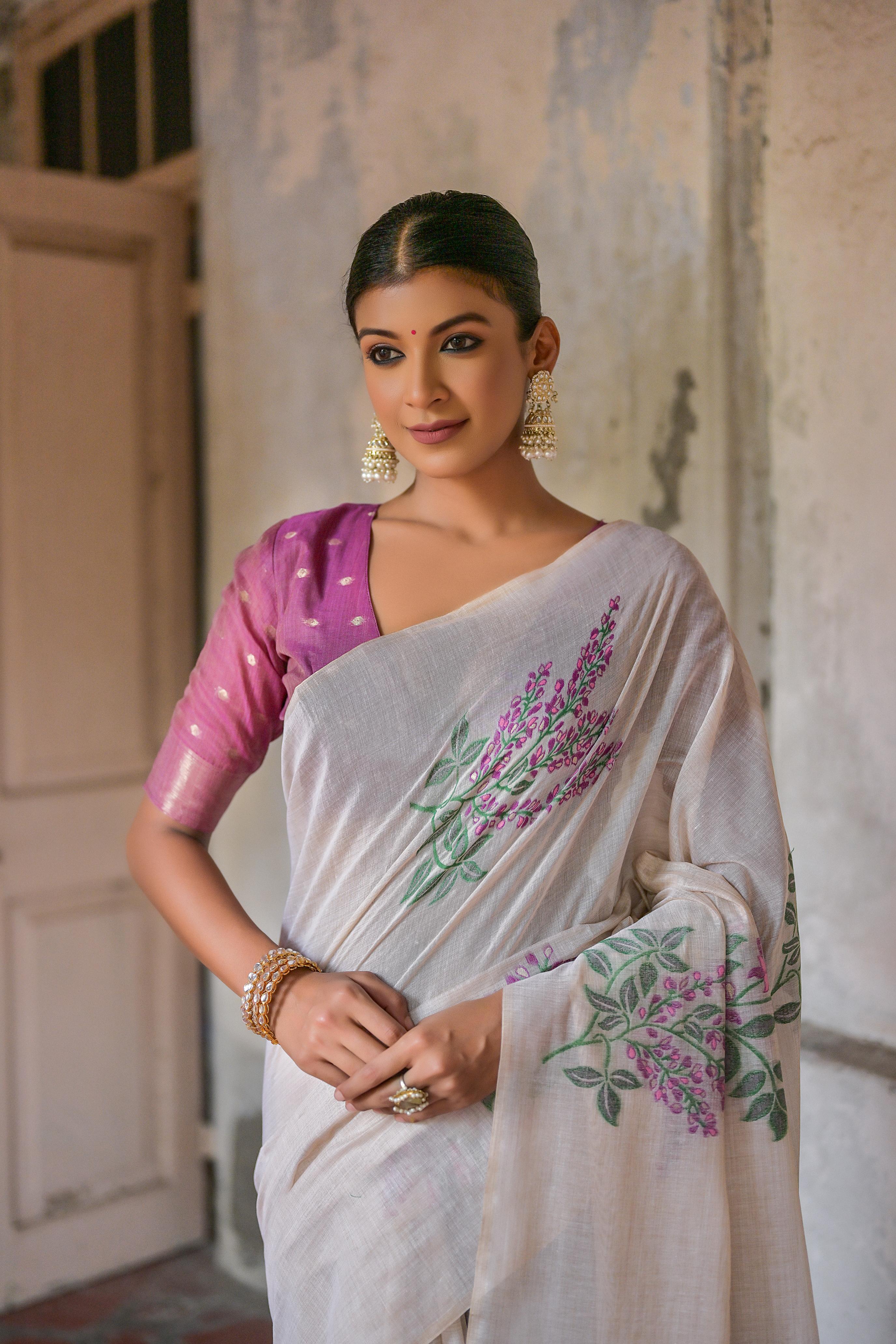 Beautiful Floral Weaving Designer Off White Muga Cotton Rich Looks Saree