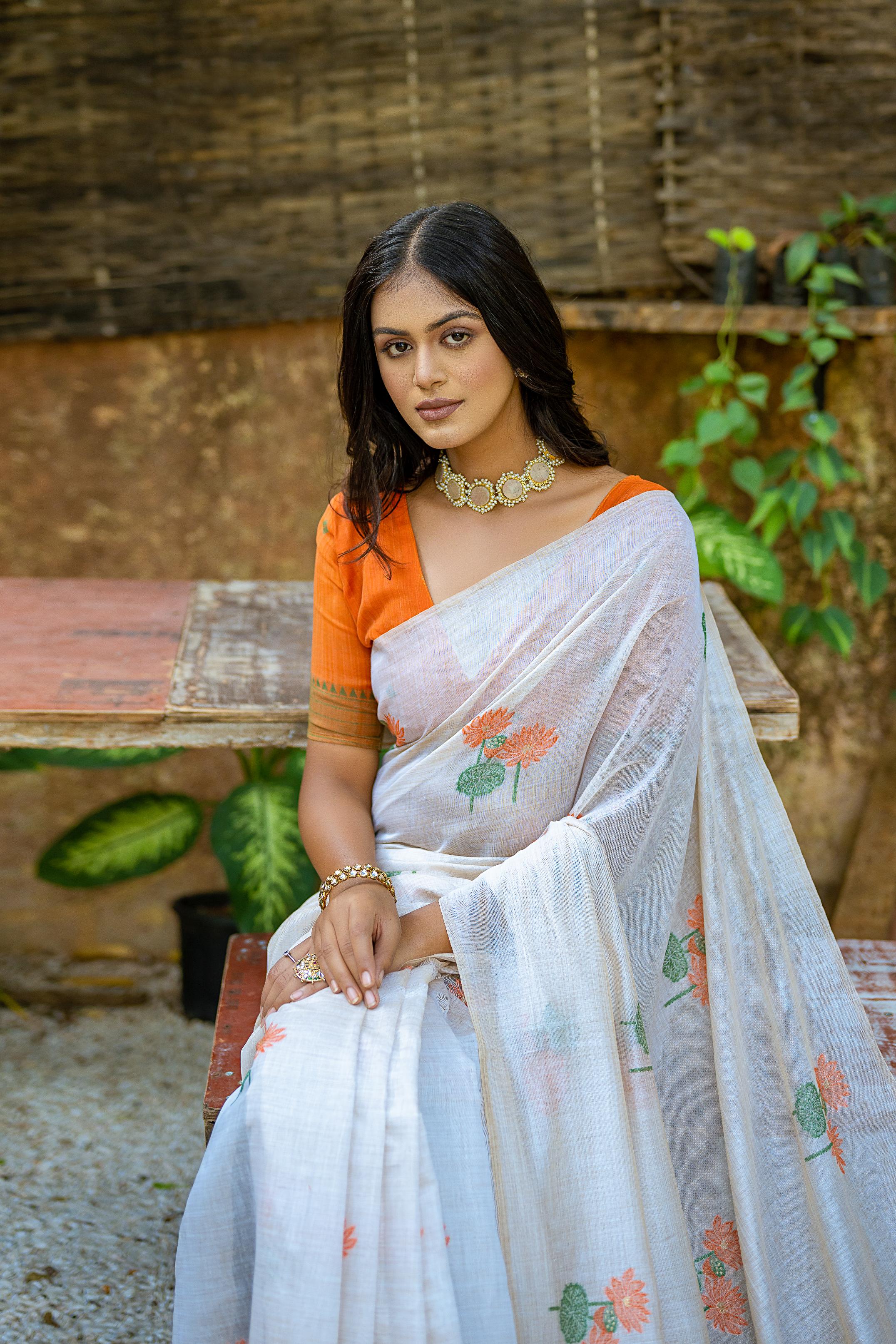 Beautiful Floral Weaving Designer Off White Muga Cotton Rich Looks Saree