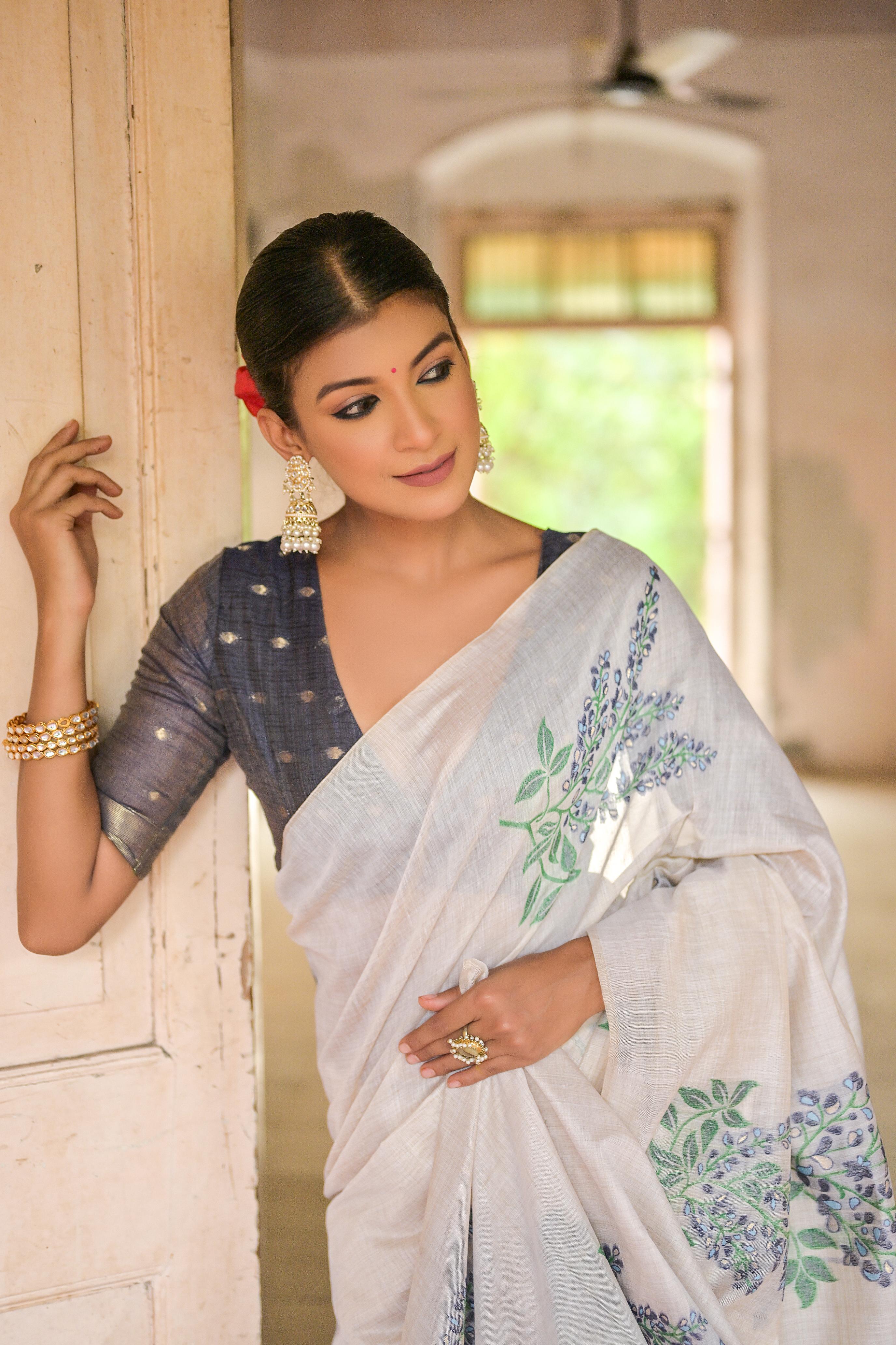 Beautiful Floral Weaving Designer Off White Muga Cotton Rich Looks Saree