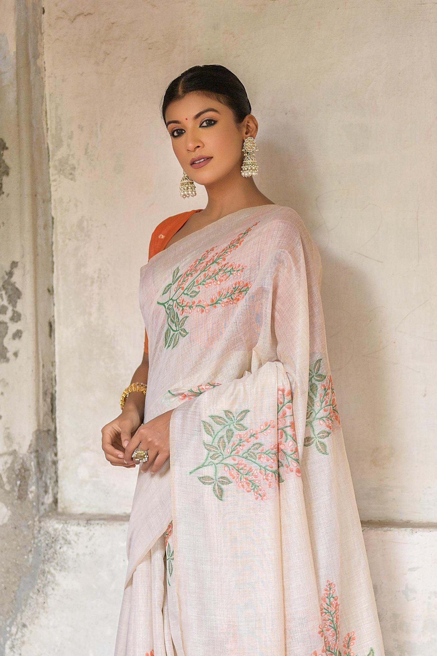 Beautiful Floral Weaving Designer Off White Muga Cotton Rich Looks Saree