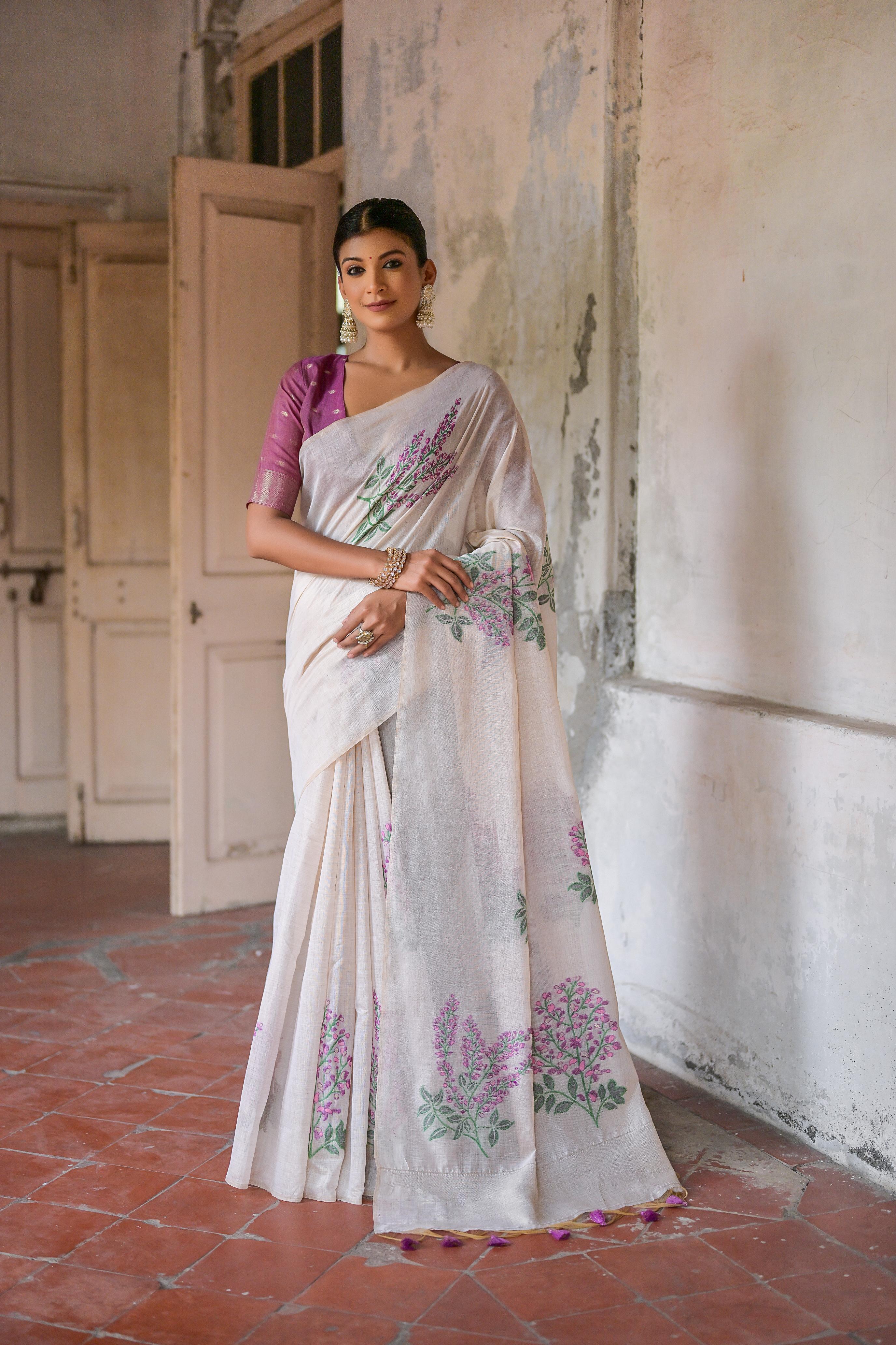 Beautiful Floral Weaving Designer Off White Muga Cotton Rich Looks Saree