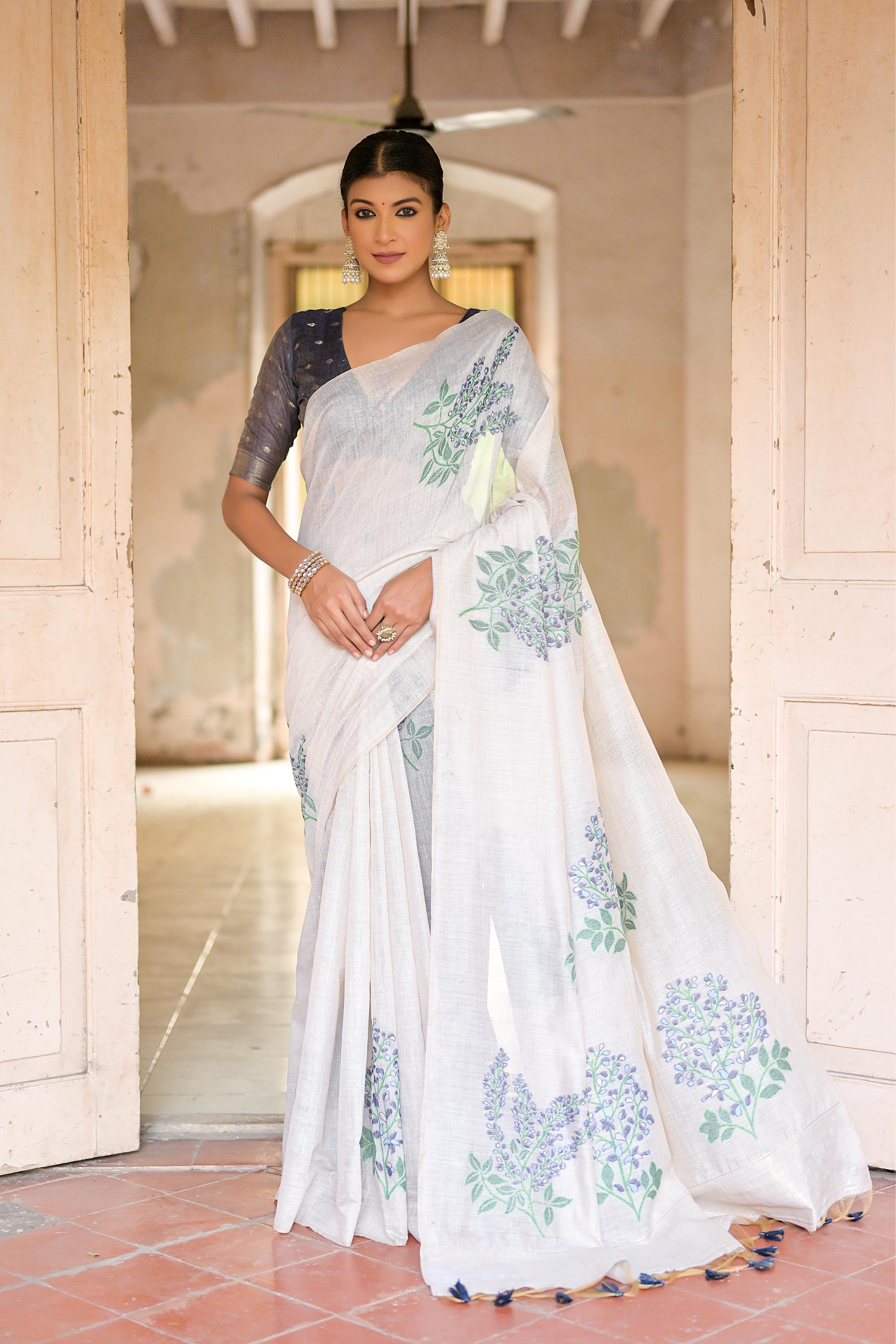 Beautiful Floral Weaving Designer Off White Muga Cotton Rich Looks Saree