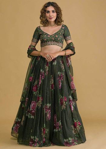 Beautiful Green Floral Printed Organza Lehenga Choli With Dupatta