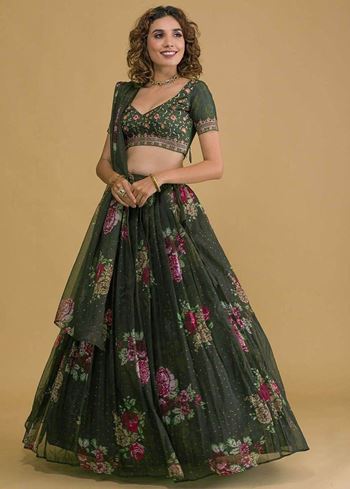 Beautiful Green Floral Printed Organza Lehenga Choli With Dupatta