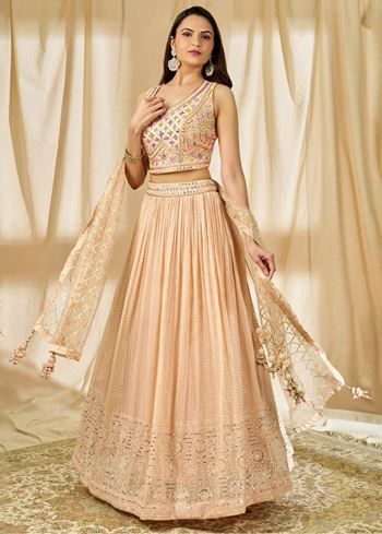 Beautiful Peach Thread Embroidered Georgette Wedding Lehenga Choli