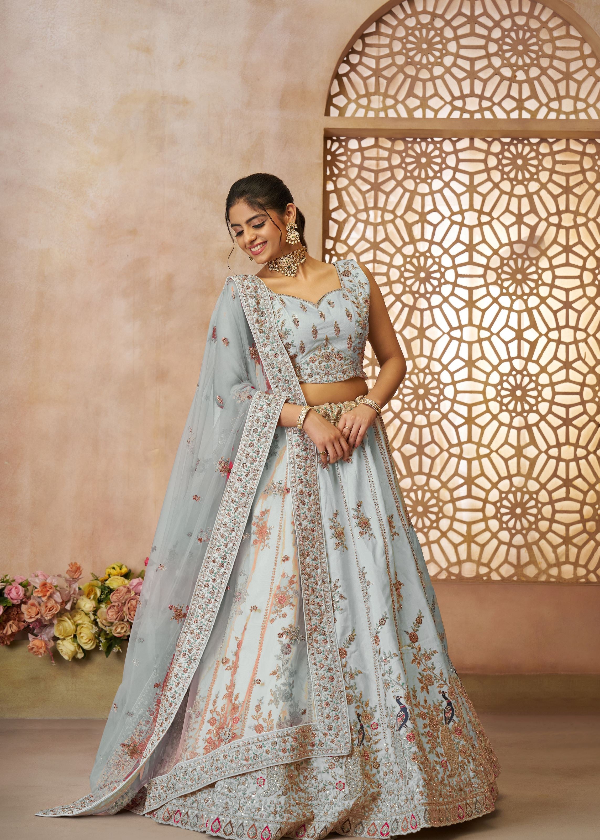 Beautiful Sky Blue Color Sequins Chinon Reception Wear Lehenga Choli