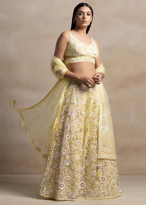 Beautiful Yellow Sequins Net Party Wear Lehenga Choli With Dupatta