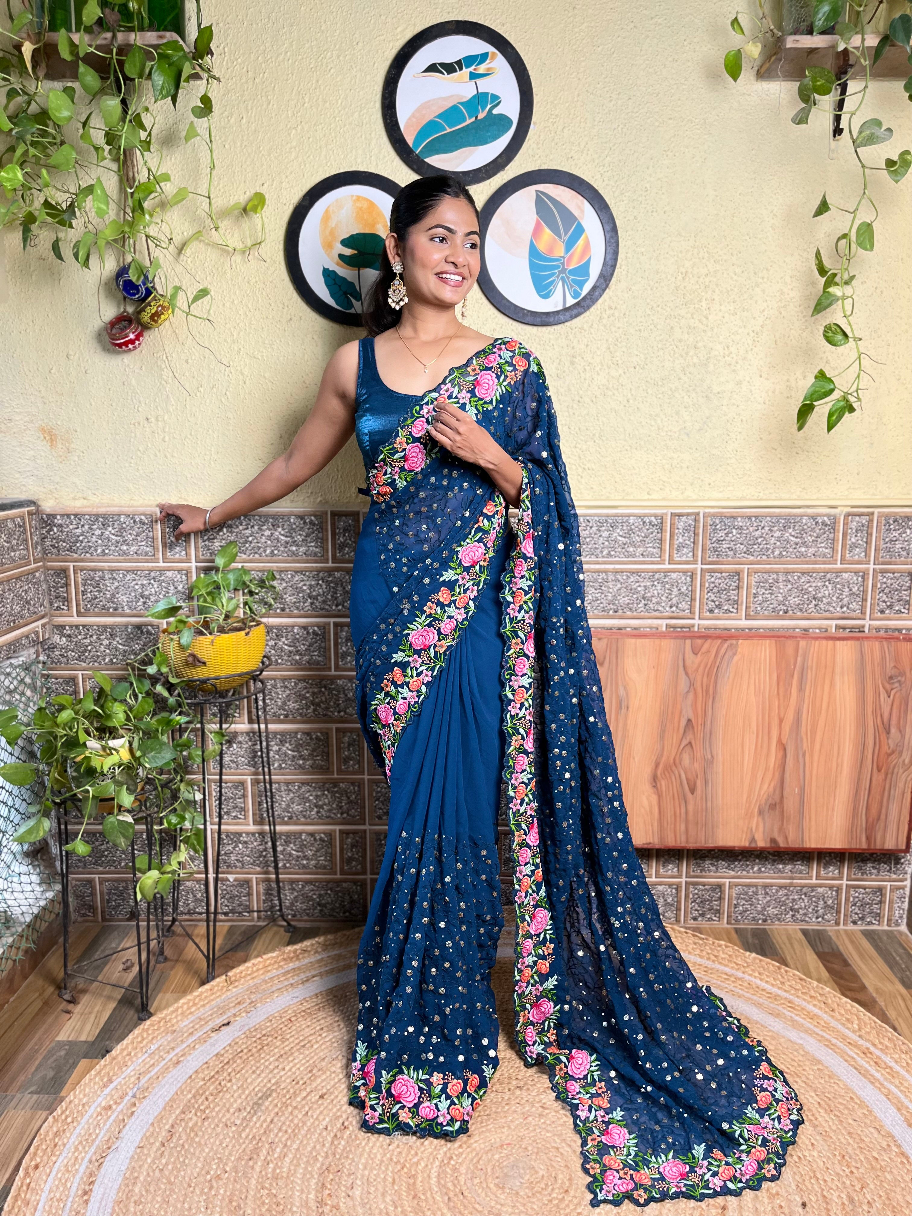 Beautifuly Designer Georgette Blue Saree With Glamorous Embroidery Work For Ceremonial Work