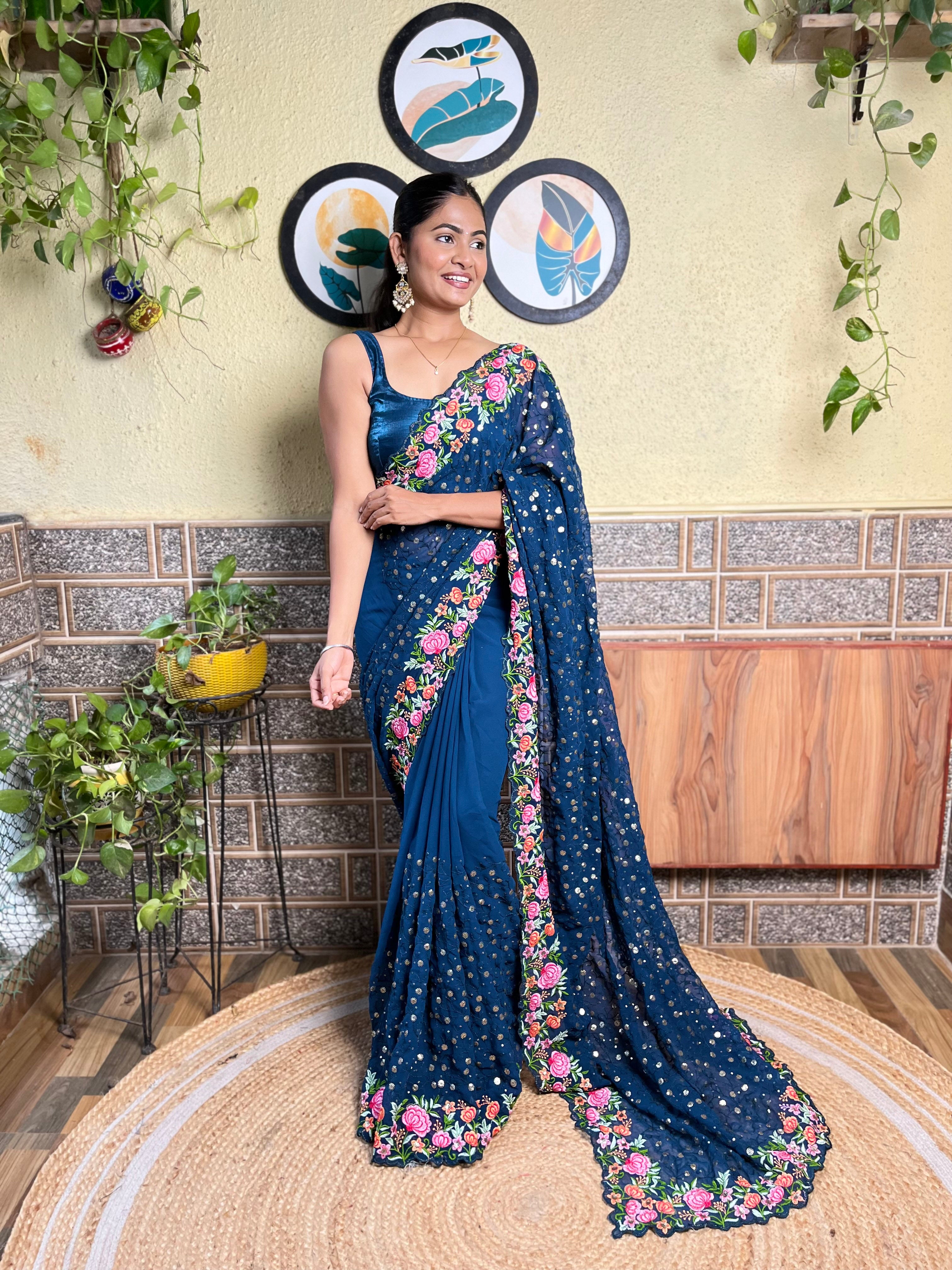 Beautifuly Designer Georgette Blue Saree With Glamorous Embroidery Work For Ceremonial Work