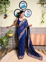 Beautifuly Designer Georgette Navy Blue Saree With Glamorous Embroidery Work For Ceremonial Work