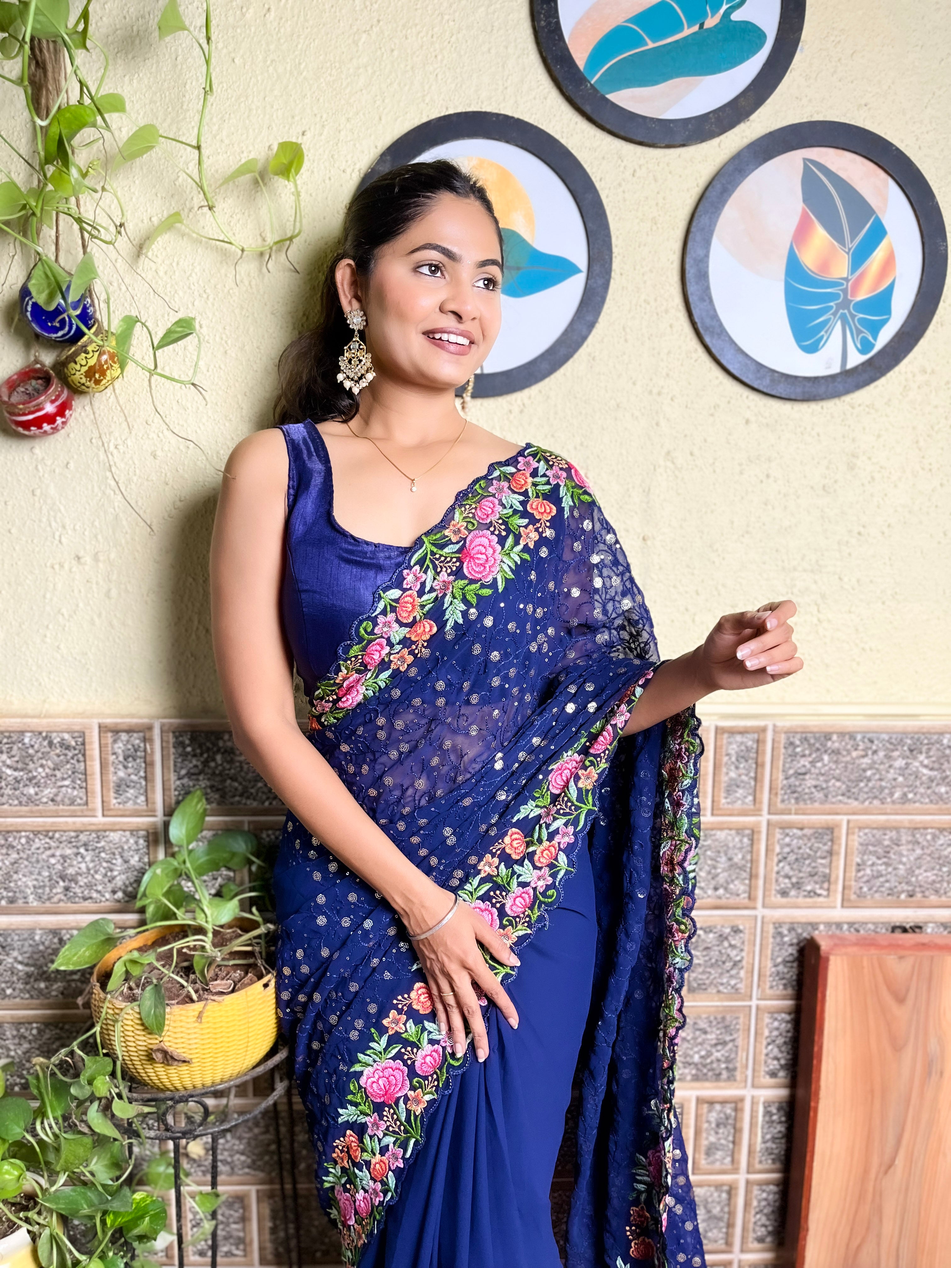 Beautifuly Designer Georgette Navy Blue Saree With Glamorous Embroidery Work For Ceremonial Work