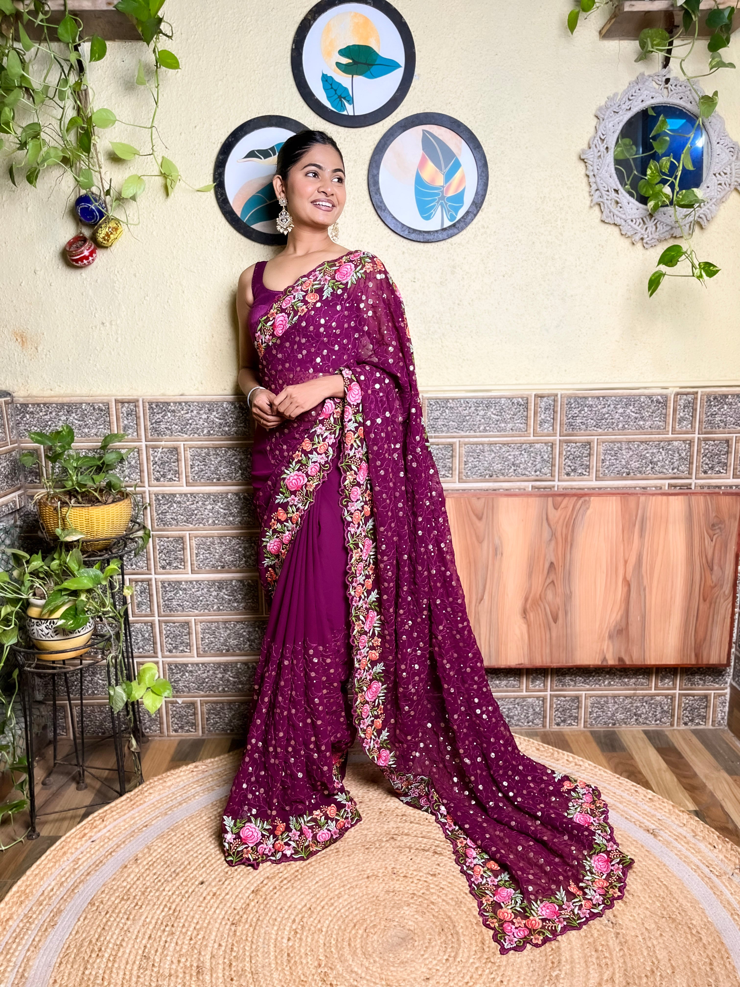 Beautifuly Designer Georgette Wine Saree With Glamorous Embroidery Work For Ceremonial Work