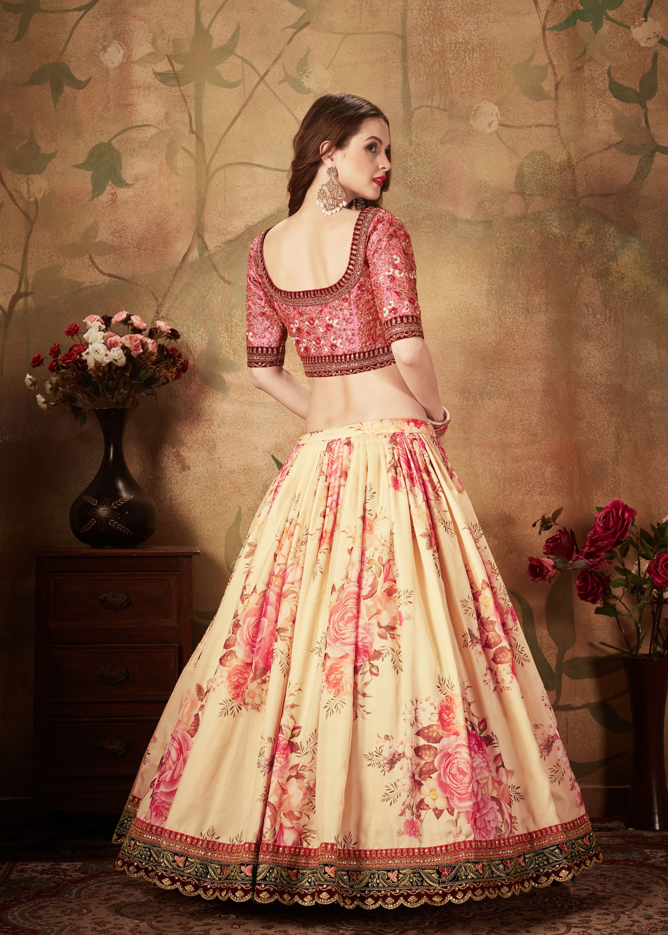 Beige And Peach Lehenga Choli With Digital Print & Dori, Zari And Sequins Embroidery Work