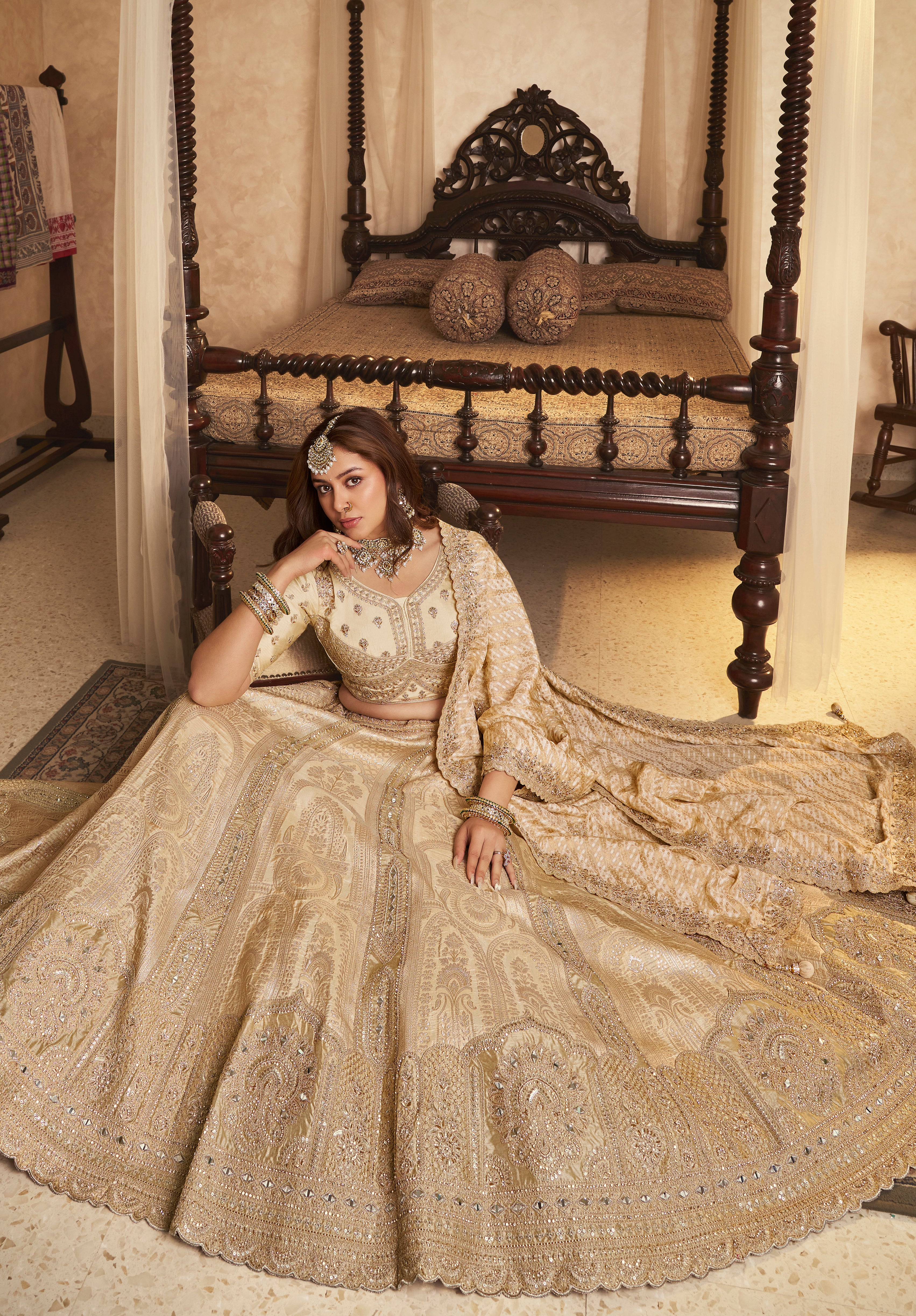 Beige Banarasi Premium Silk Lehenga Choli With Heavy Thread Embroidery, Sequence, Swarovski ,Stone With Zari, Khatli Weaving Work