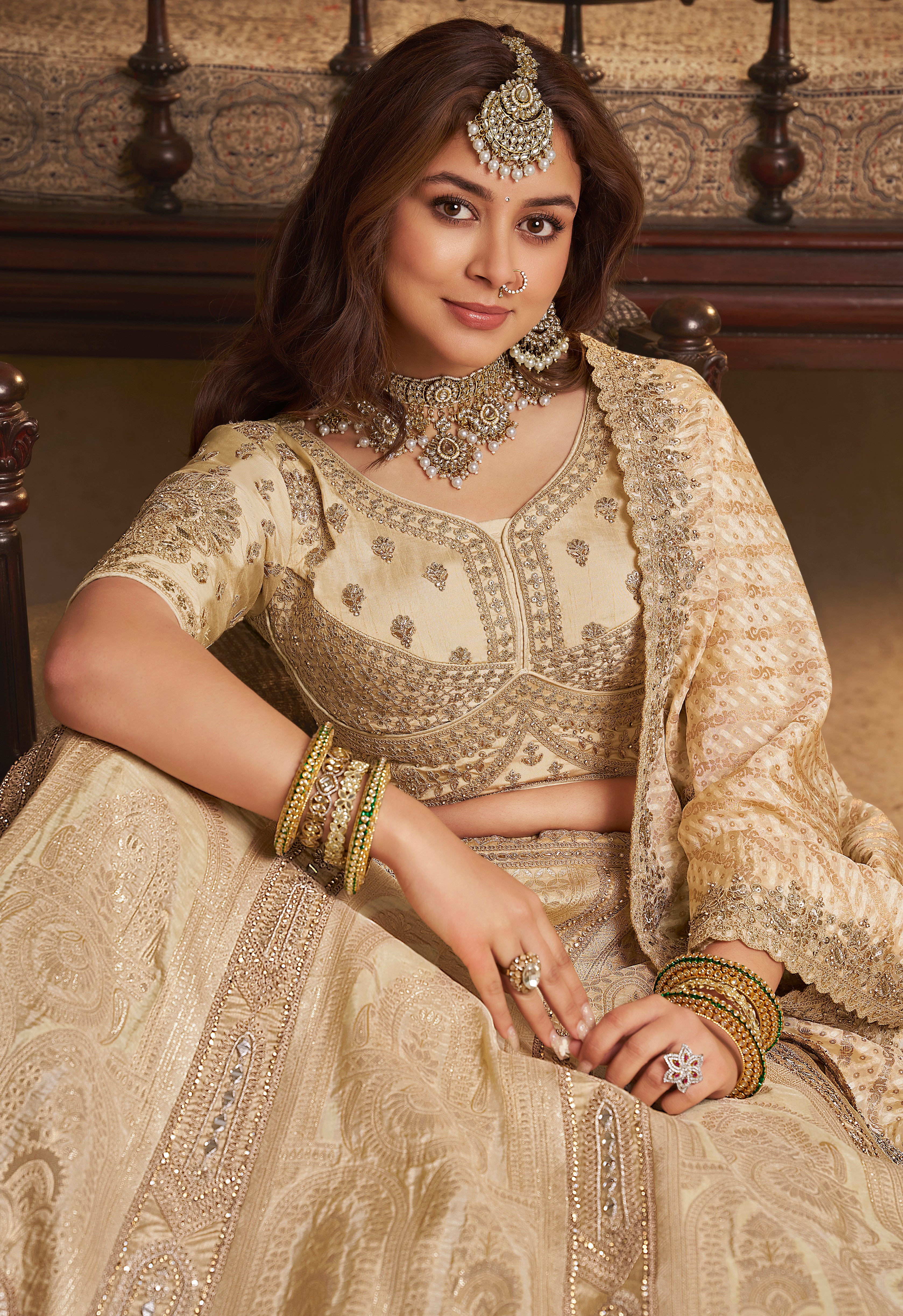 Beige Banarasi Premium Silk Lehenga Choli With Heavy Thread Embroidery, Sequence, Swarovski ,Stone With Zari, Khatli Weaving Work