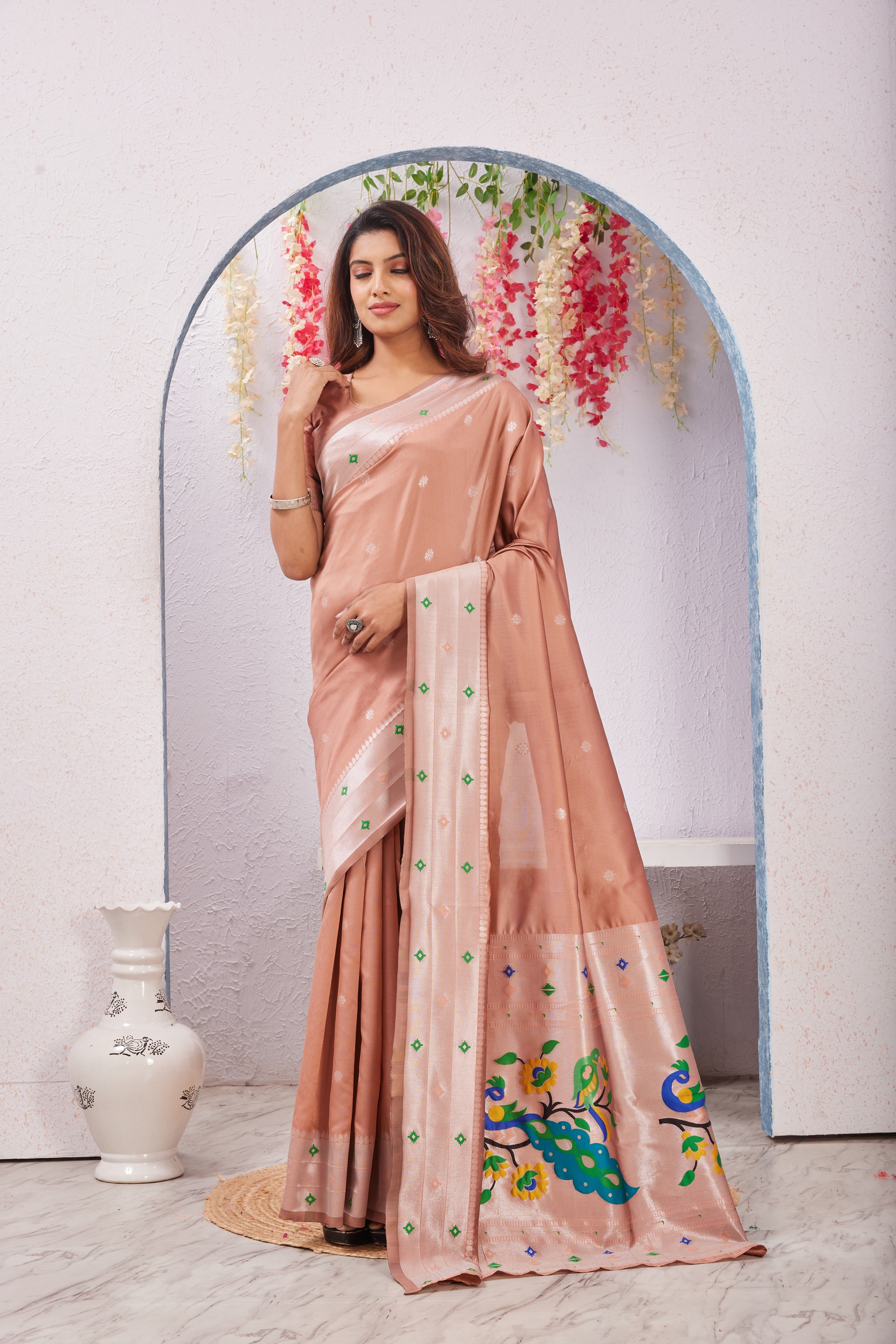 Beige Banarasi Silk Saree with Peacock Motif, Rich Pallu & Jacquard Jari Work