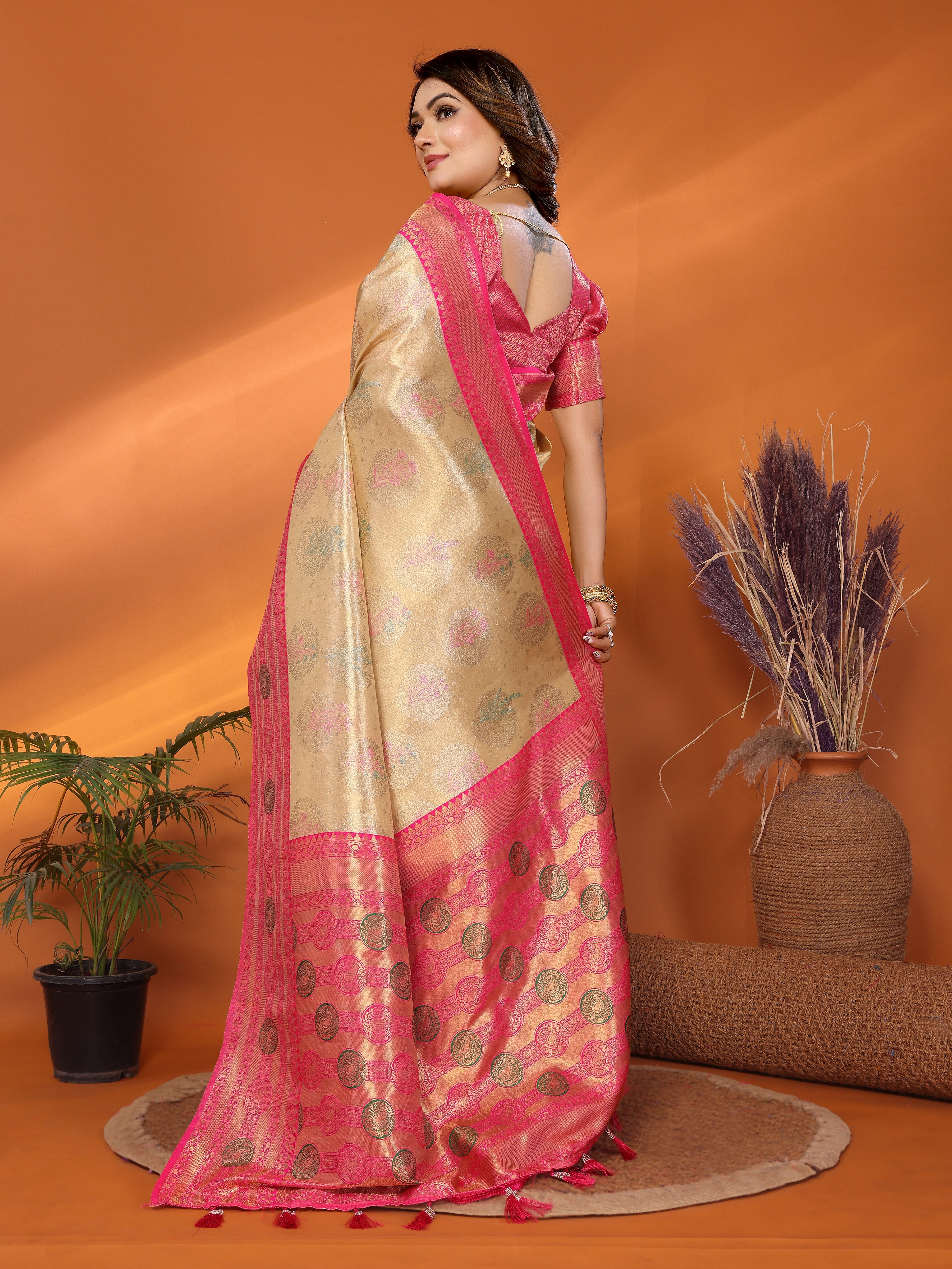 Beige Banarasi Tissue Silk Saree With Woven Paithani Designer