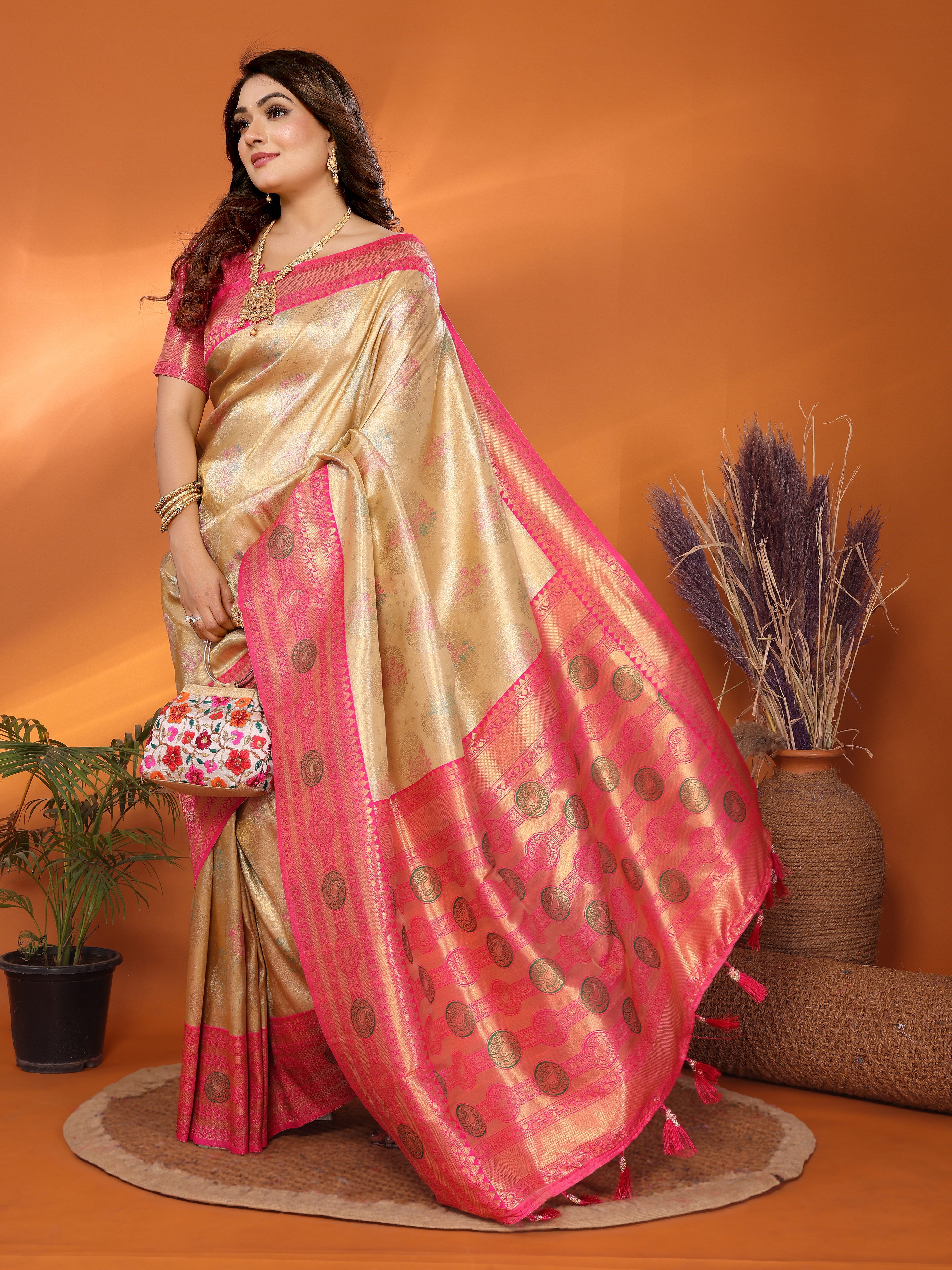 Beige Banarasi Tissue Silk Saree With Woven Paithani Designer