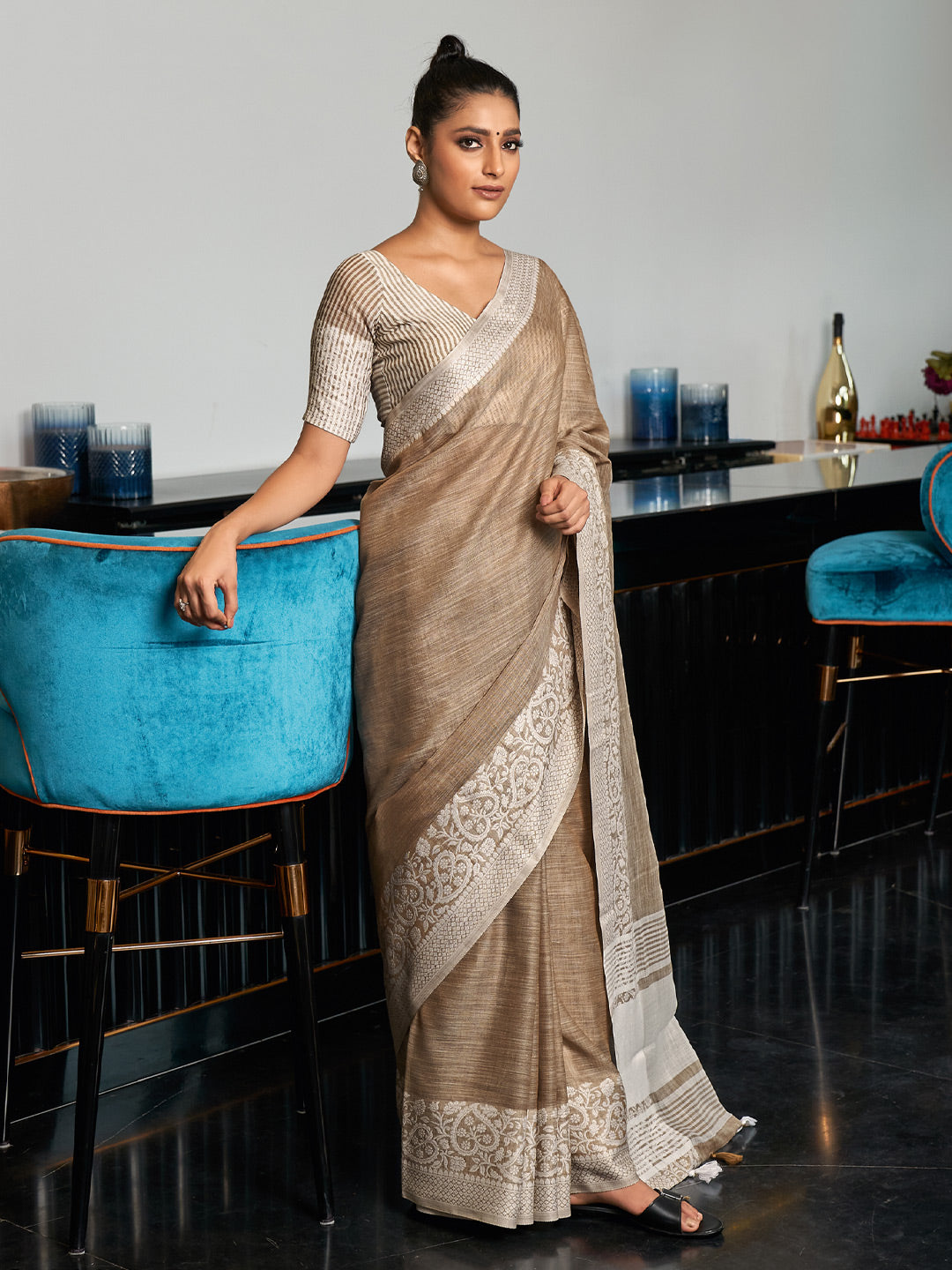 Beige Beautiful Woven Designer Linen Graceful Saree